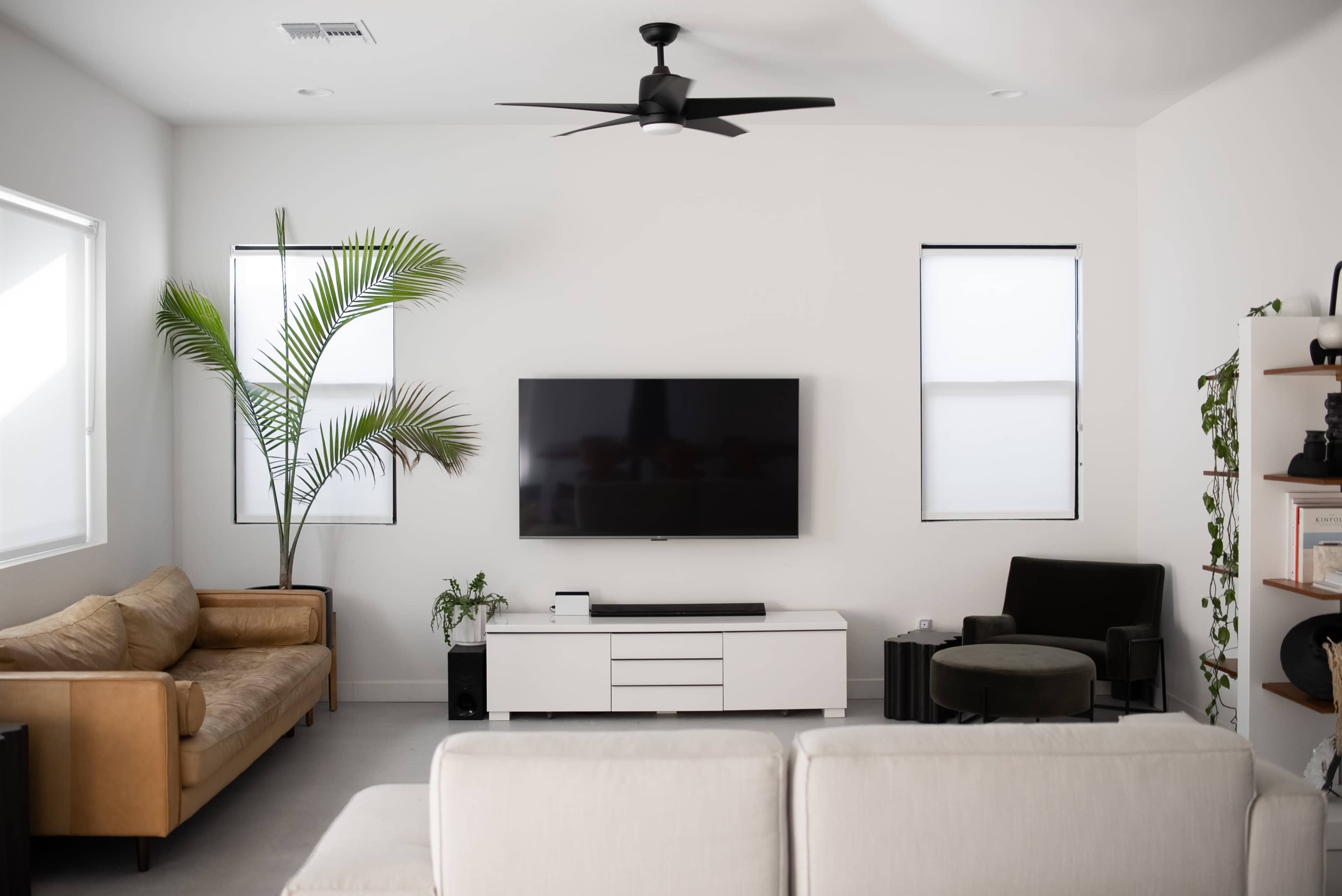 The living room features a large television mounted on a white wall, flanked by a palm plant, a beige sofa, and a green armchair.