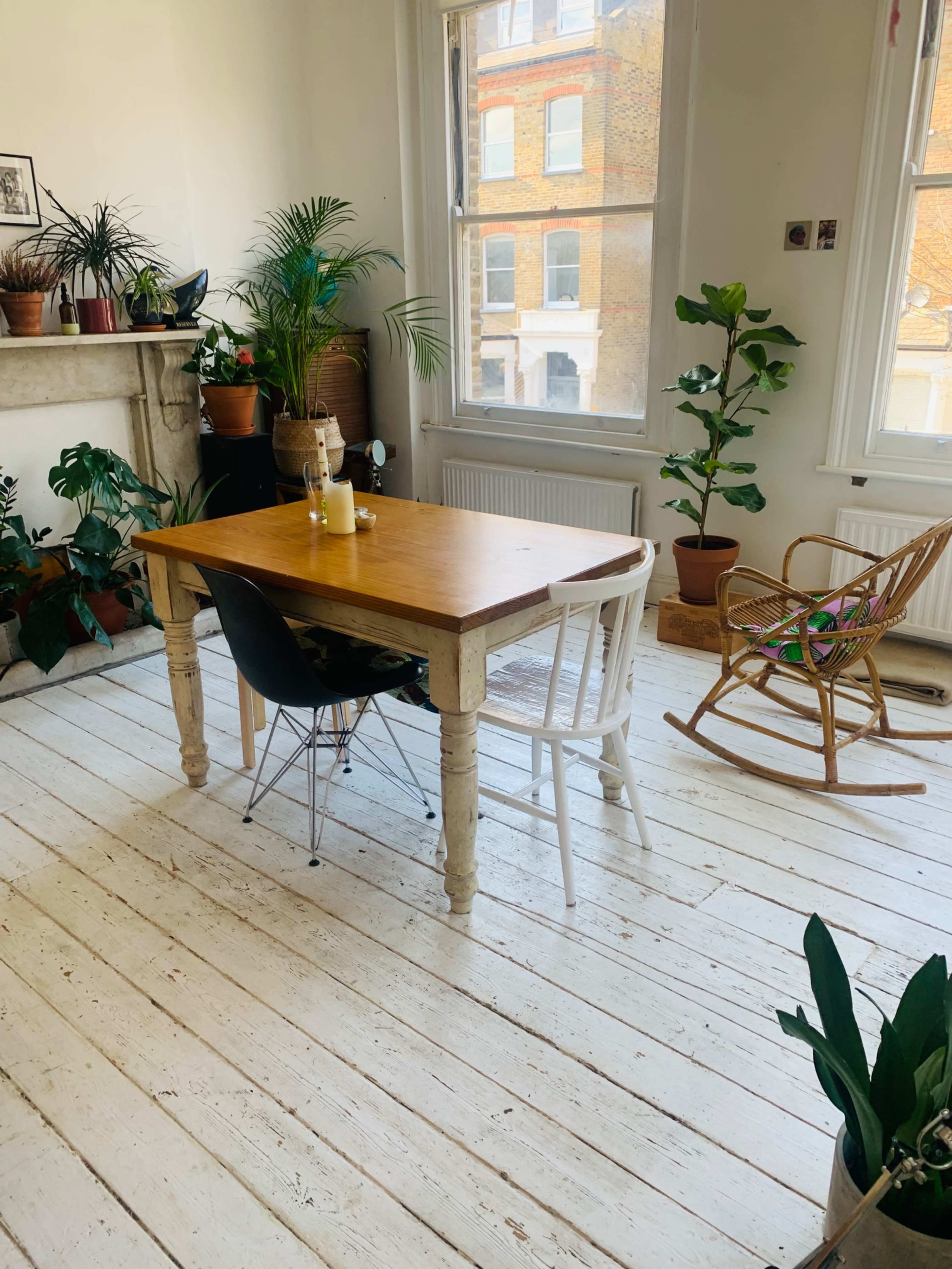 A wooden table with a black chair and a white chair sits by a window in a room filled with various potted plants.