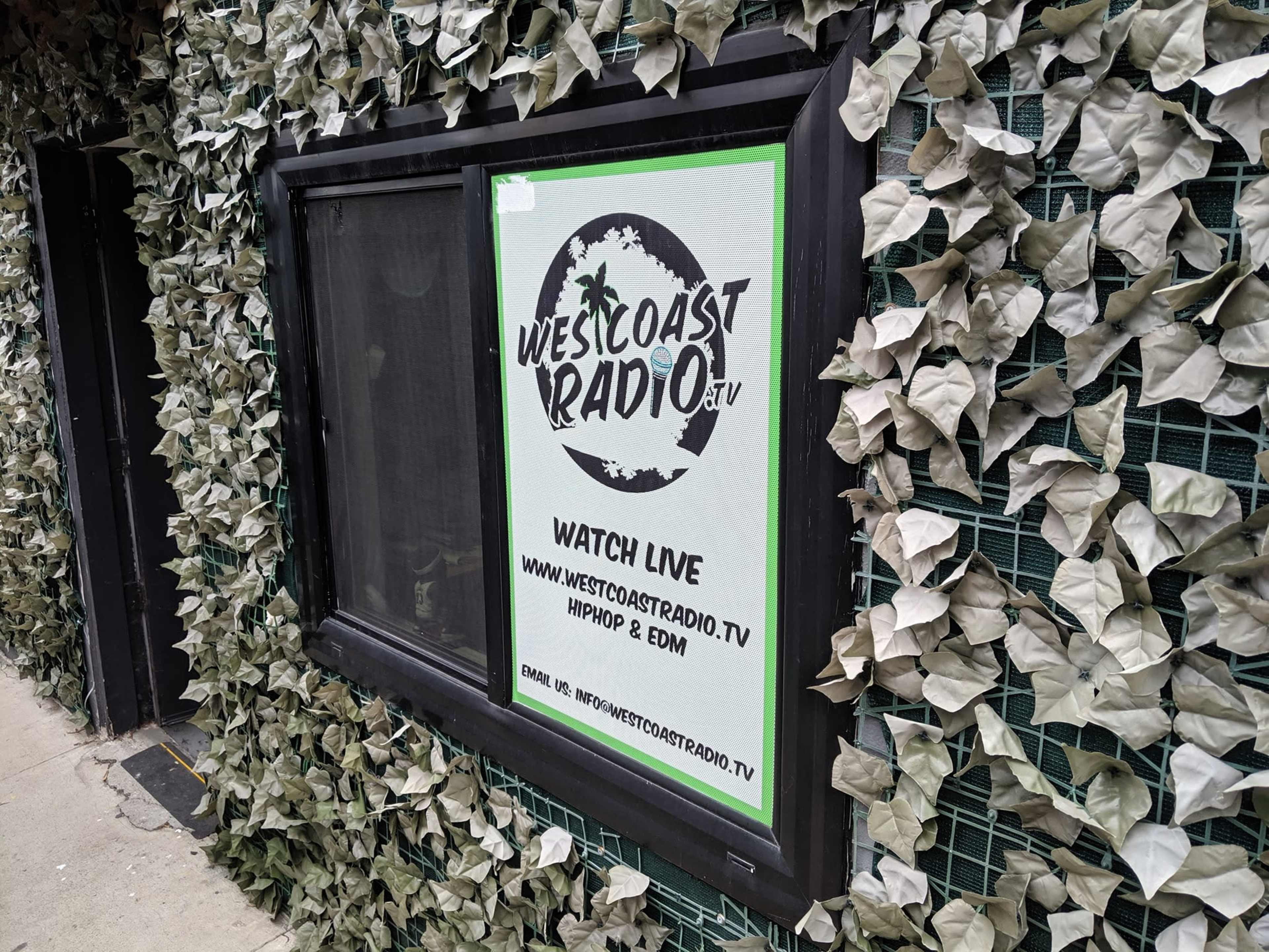A sign for West Coast Radio TV is mounted on a wall covered with green leaves.