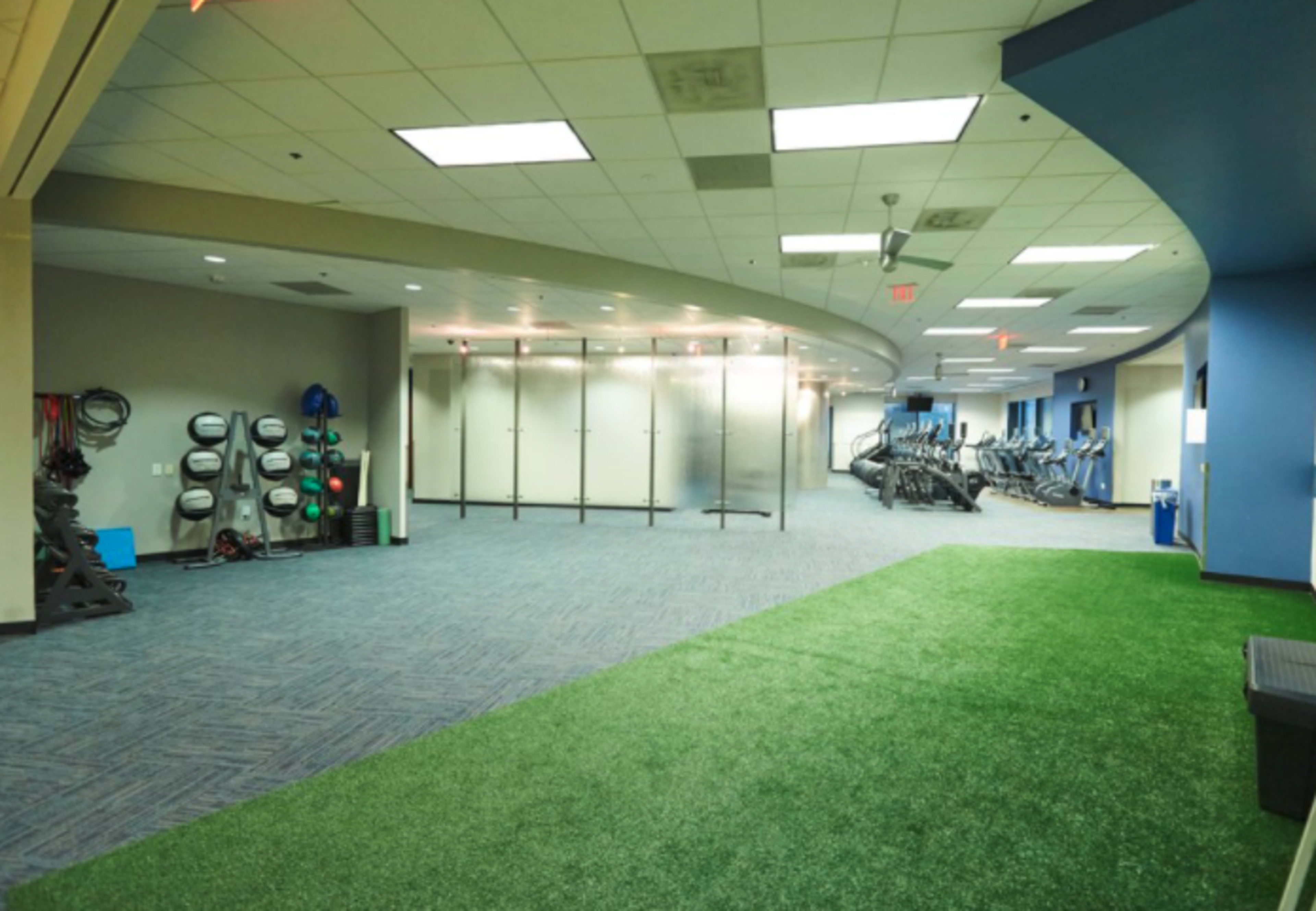 The image shows a spacious gym area featuring a section of artificial turf, fitness equipment, and a partially frosted glass partition.