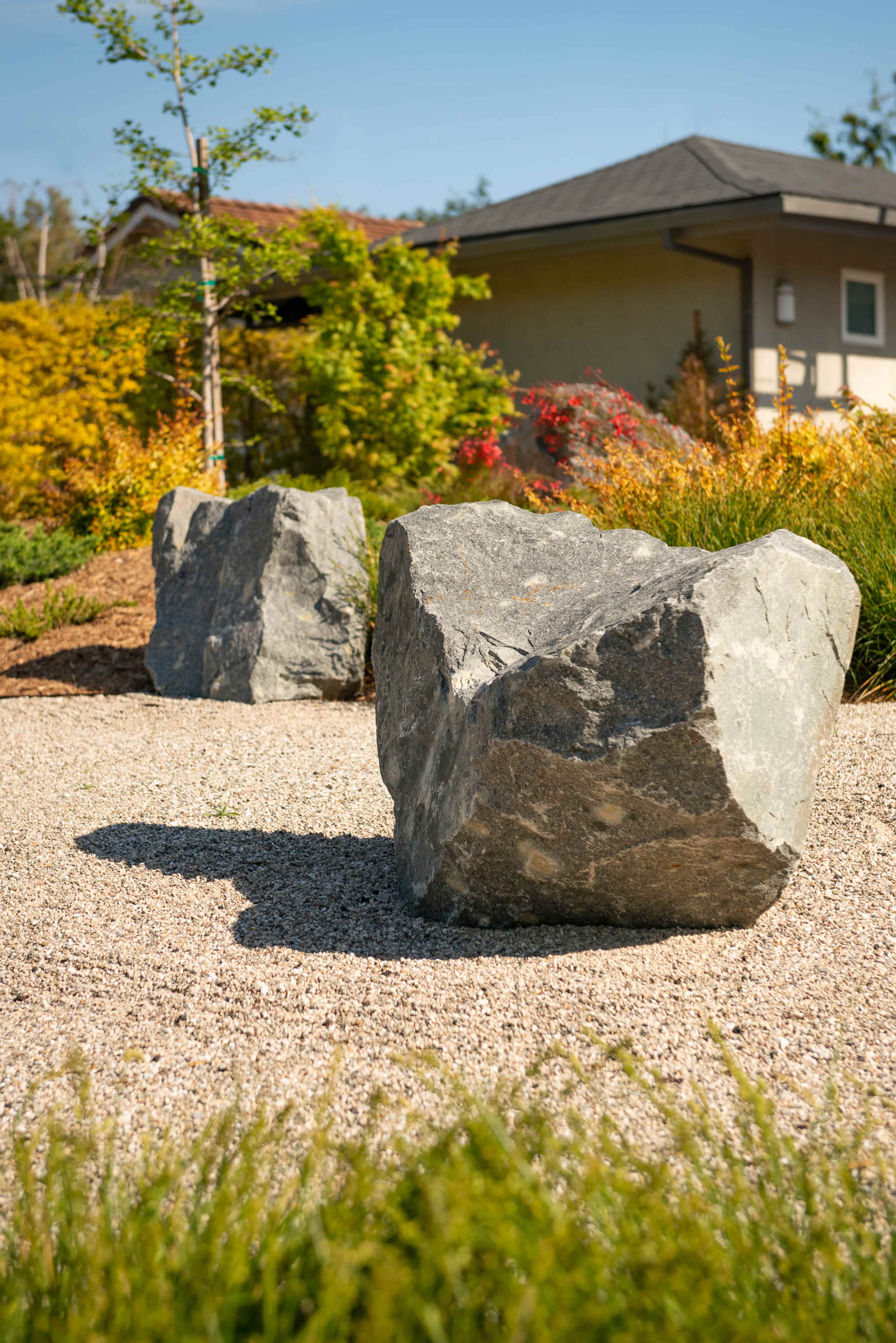 Two large rocks sit in a gravel landscape with a backdrop of shrubs and a house.
