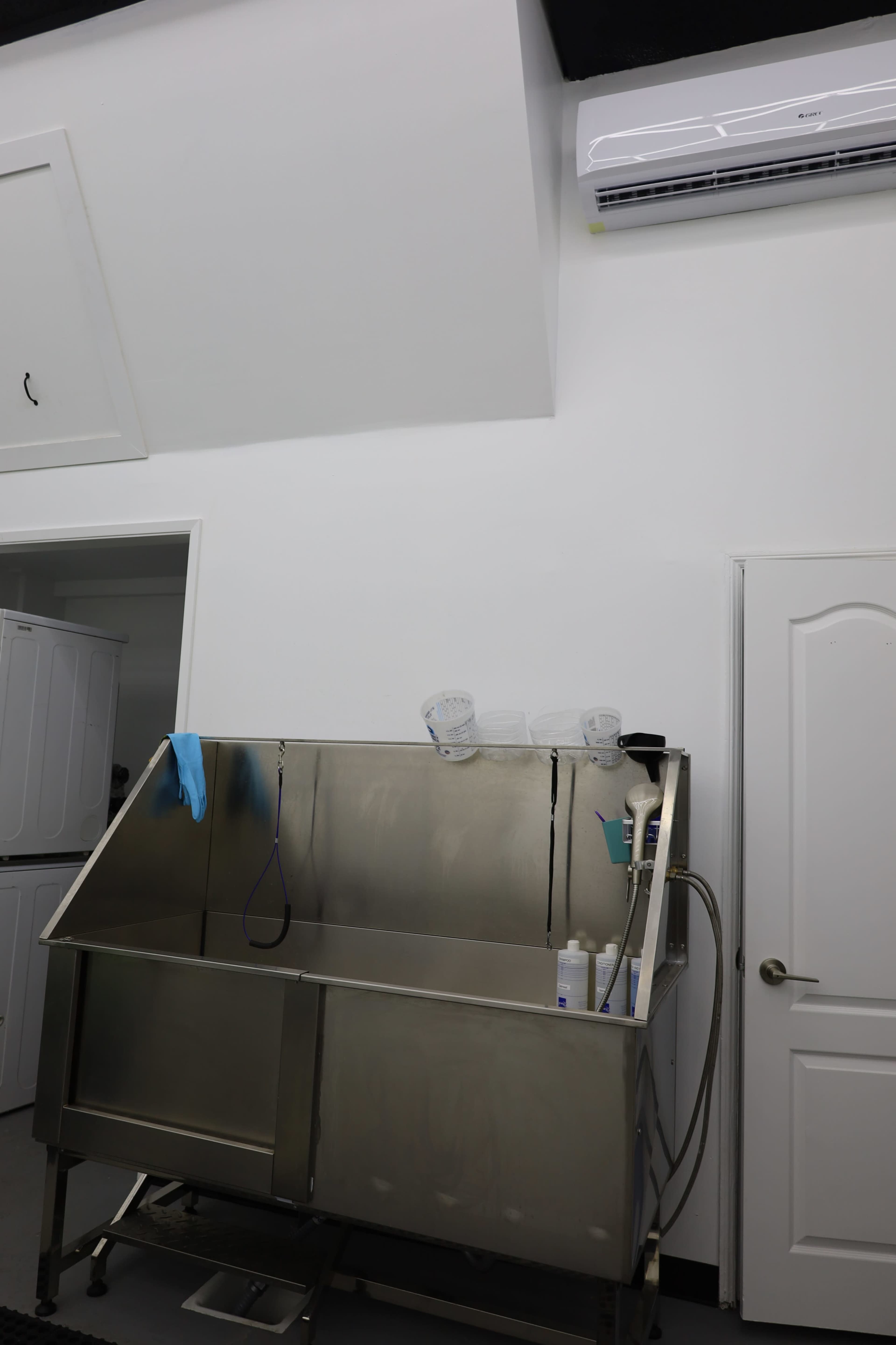 The image shows a stainless steel washing station with cleaning supplies and a pair of blue gloves on the edge, located in a brightly lit room with white walls and a doorway leading to another area.