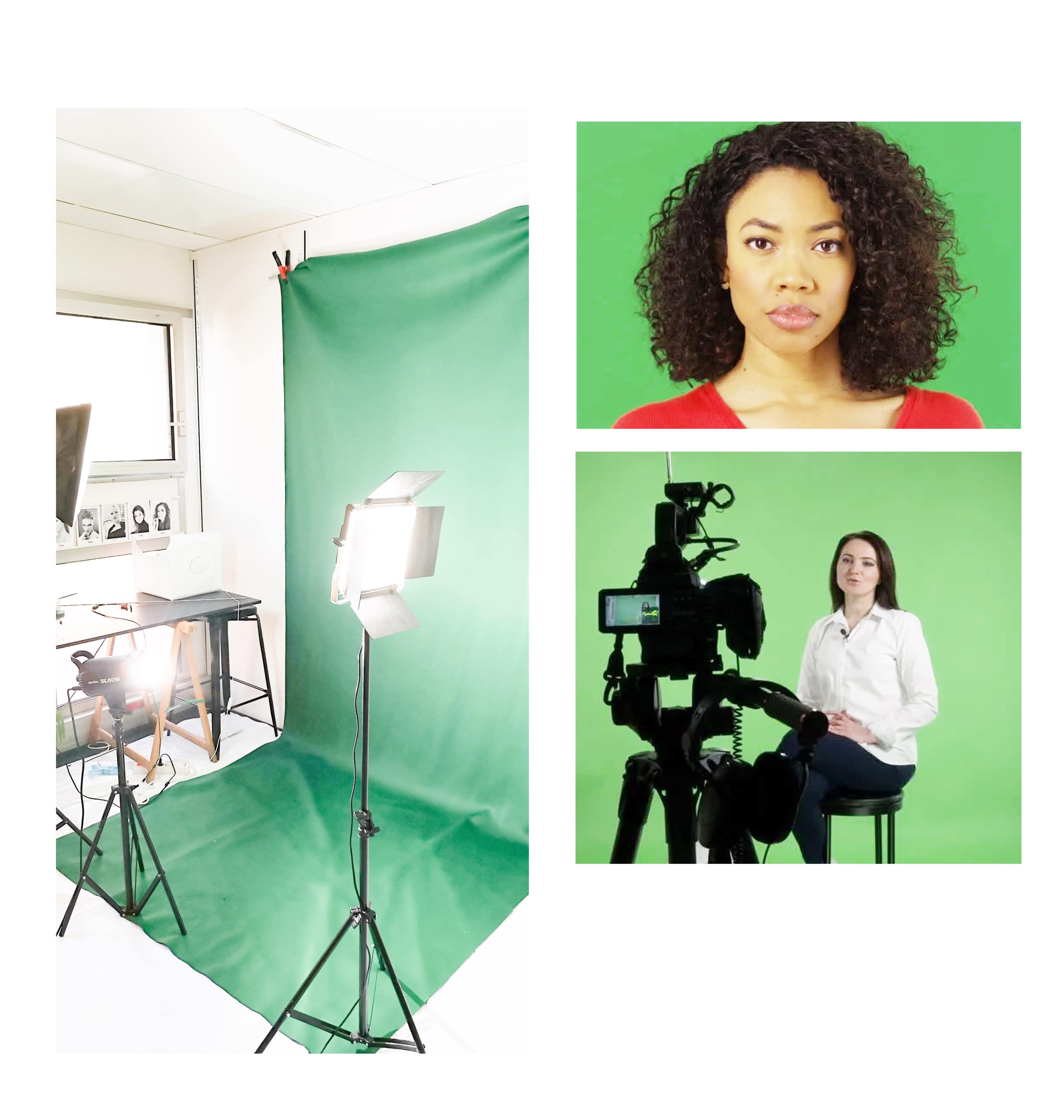 A video production setup featuring a green backdrop, lighting equipment, and a camera aimed at a seated woman in a white shirt, alongside a close-up of a woman with curly hair.