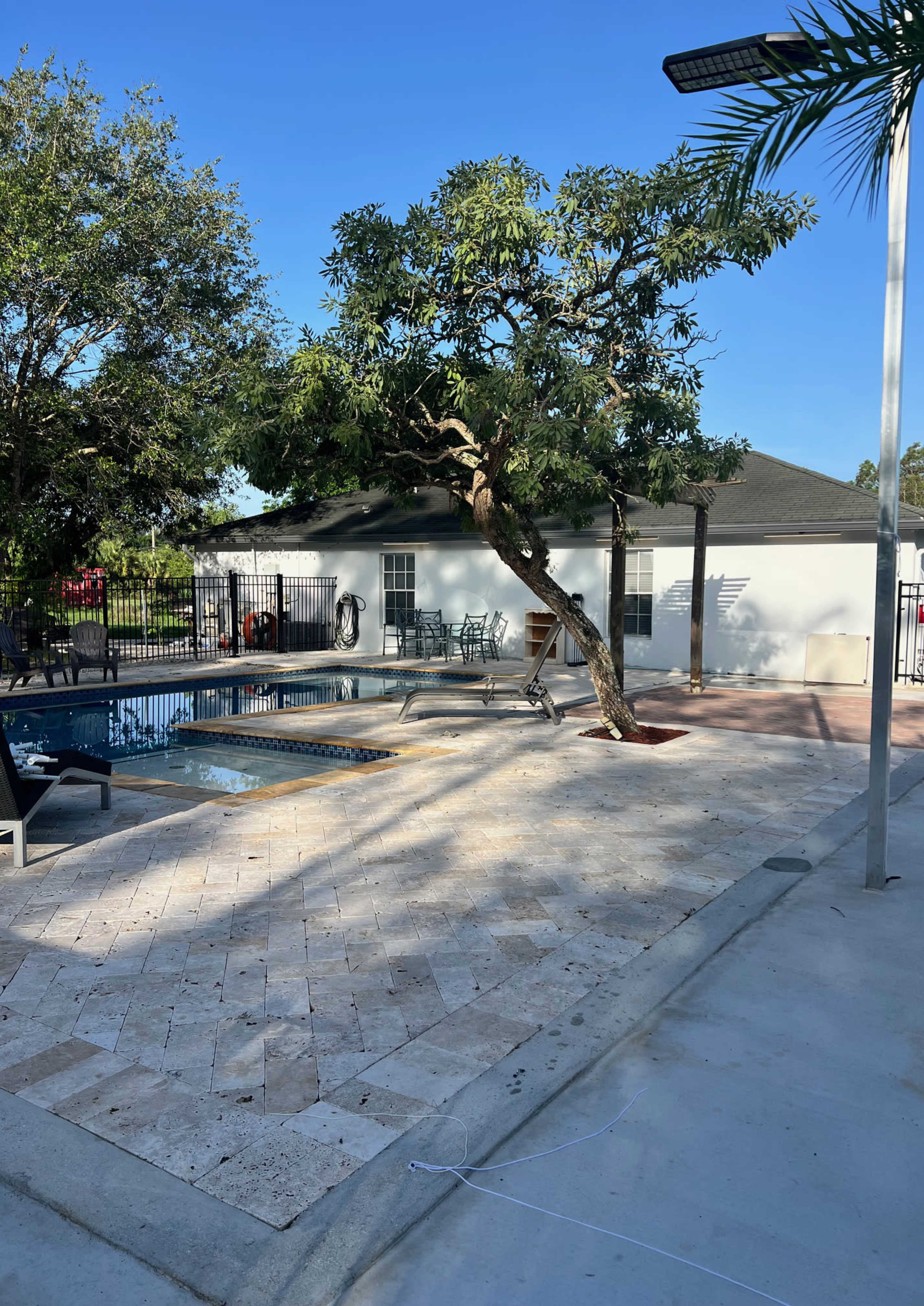 The image shows a swimming pool surrounded by a stone deck, with a tree providing shade and a building in the background.