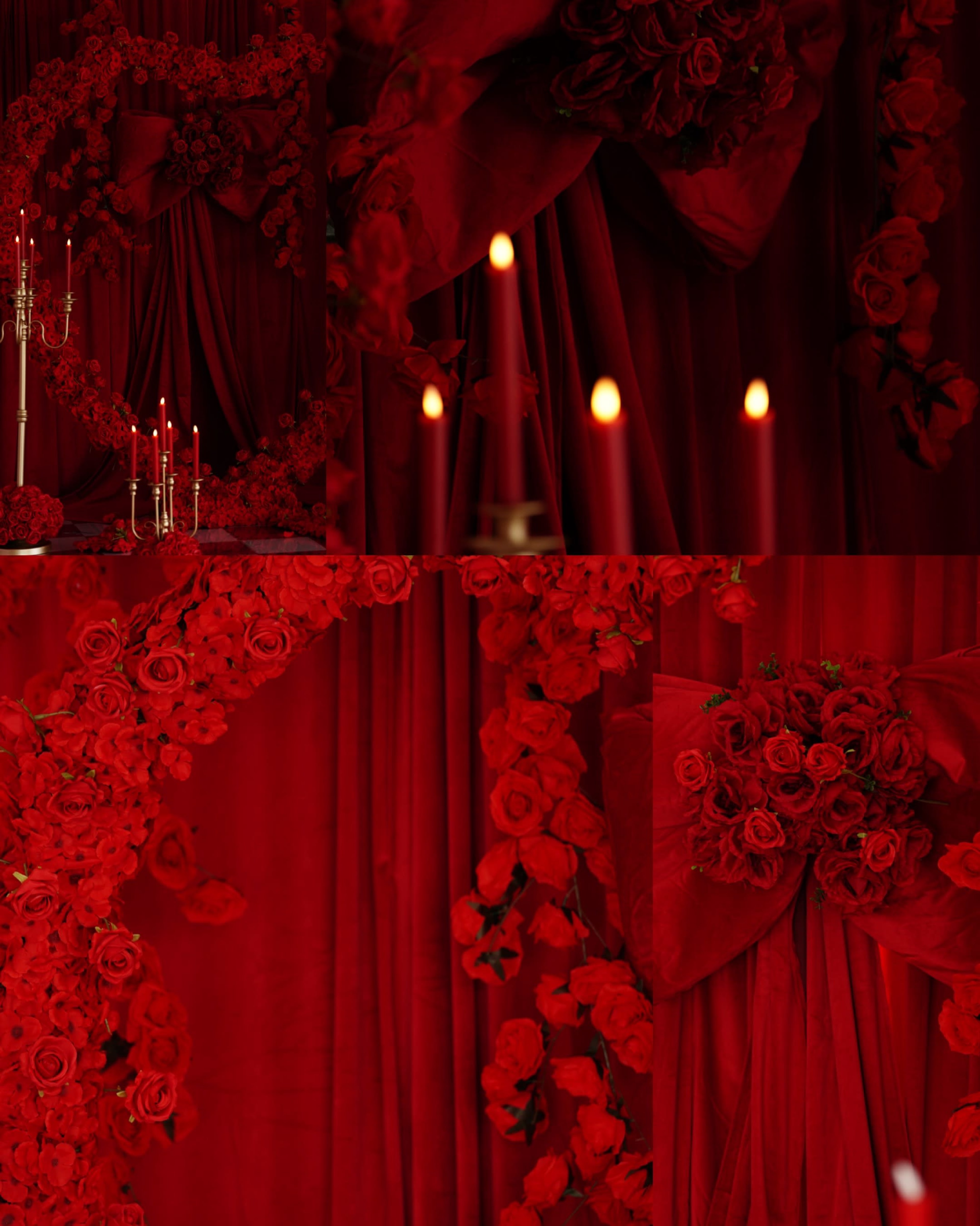 The image features an elaborate red backdrop adorned with roses and candles, creating a romantic and dramatic setting.