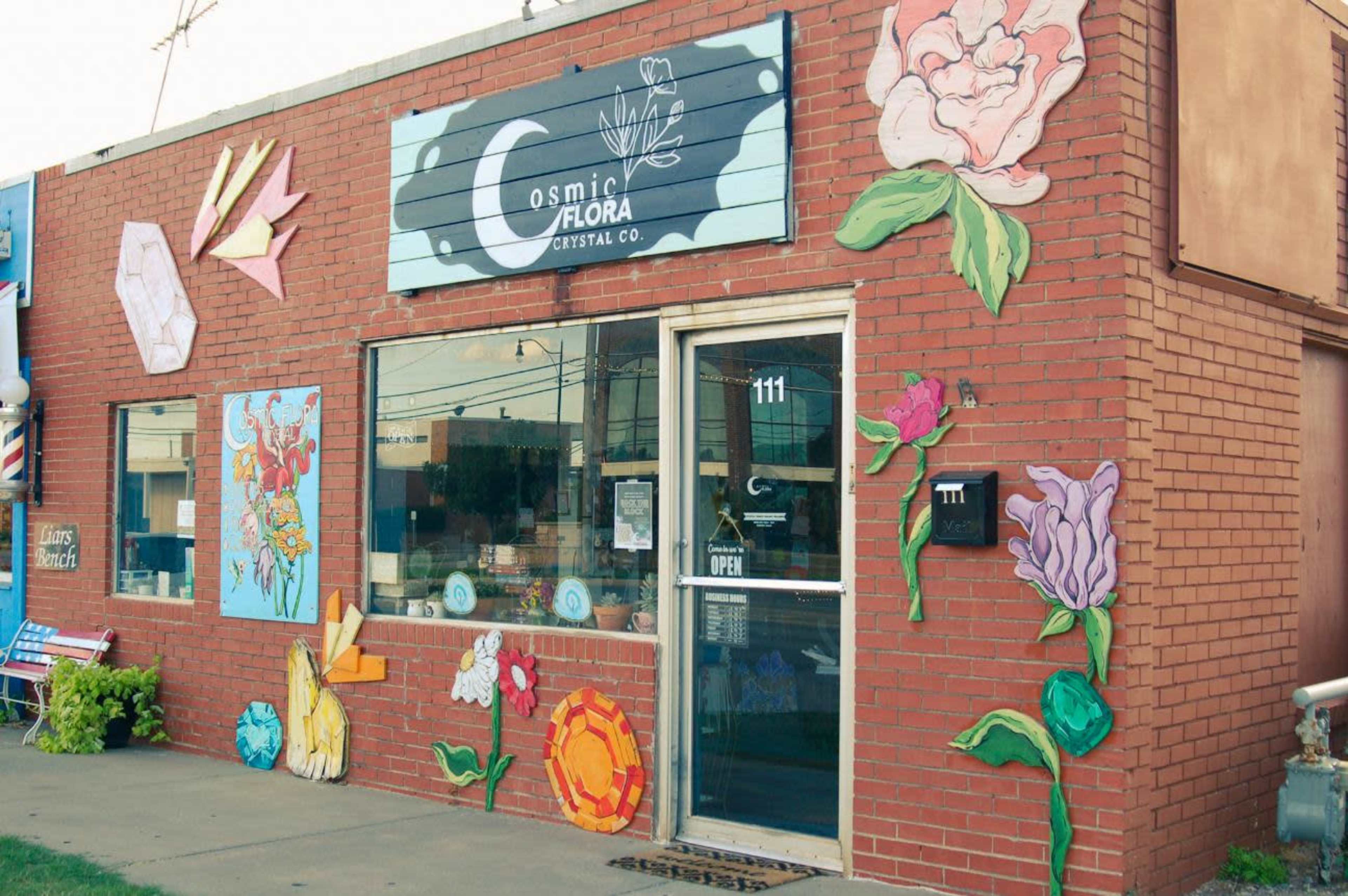 A storefront called "Cosmic Flora Crystal Co." featuring colorful murals of flowers and crystals on its brick exterior.