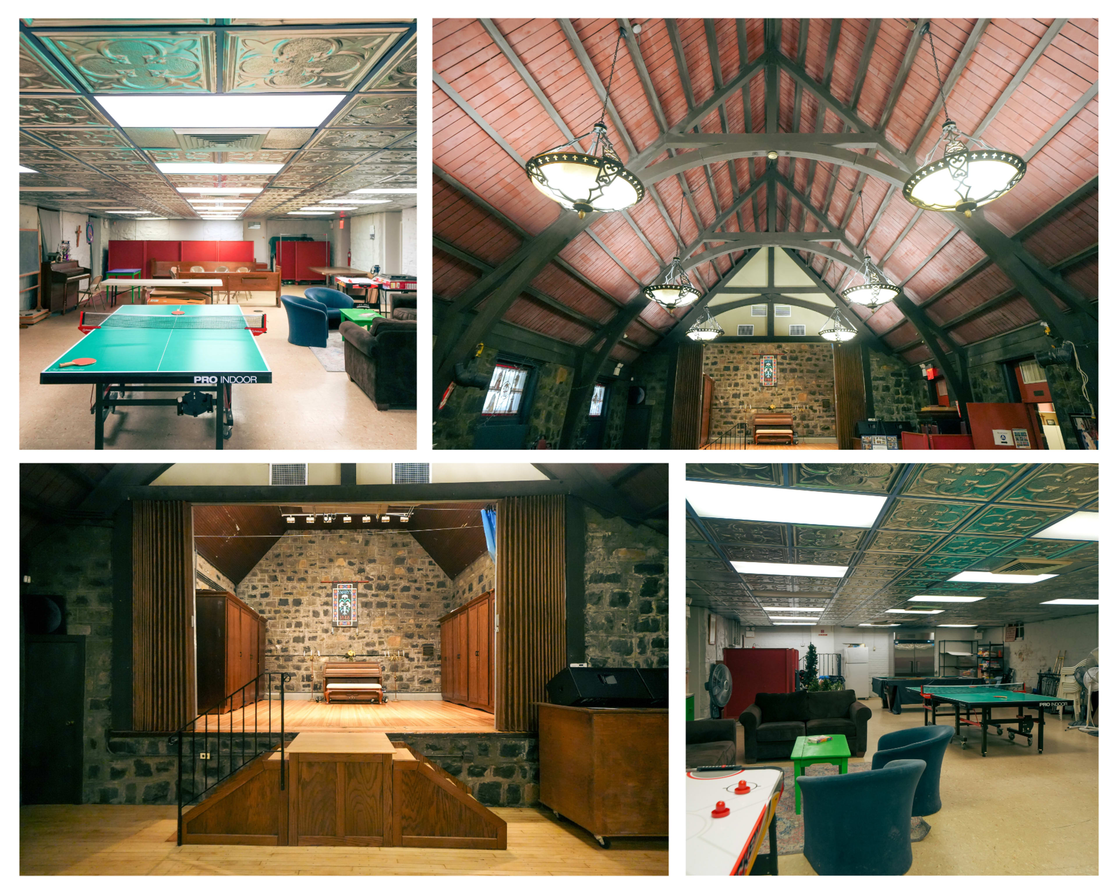 A multi-functional hall with a high wooden ceiling, featuring areas for table tennis, a stage, and various seating arrangements.