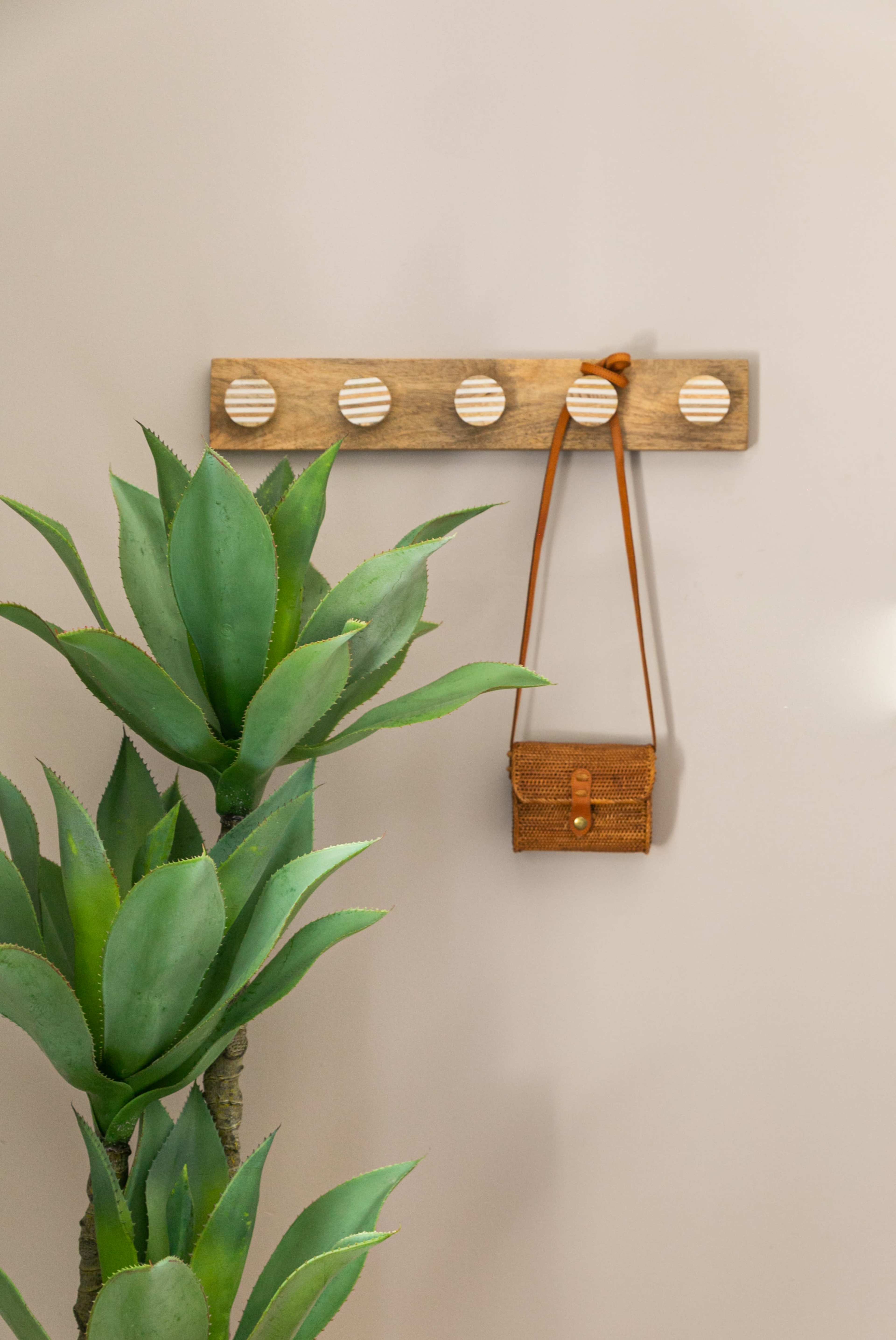 A wooden wall hook with four circular grooves holds a small leather bag next to a potted green plant.