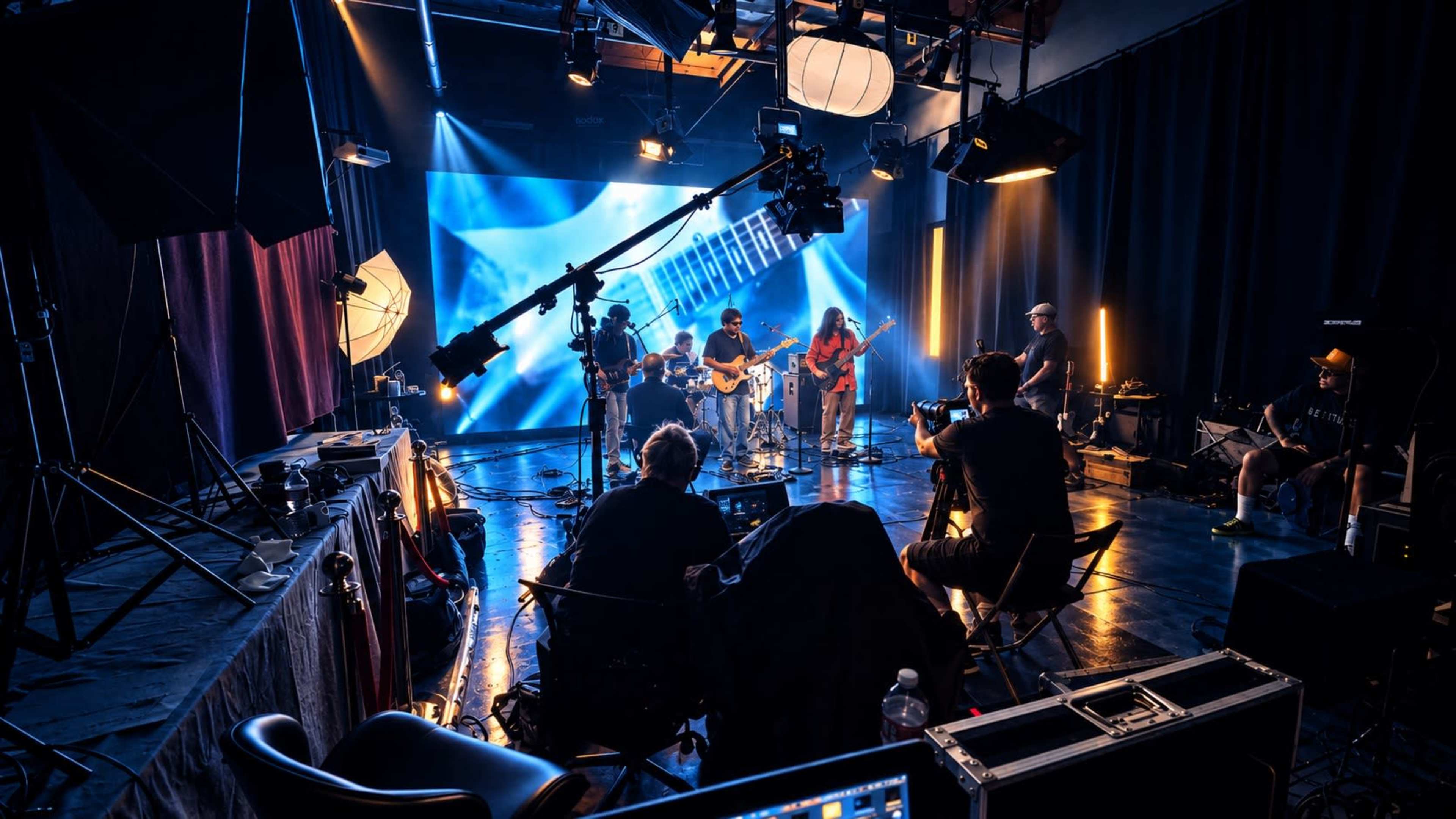A band performs on stage in a studio setting with lighting equipment and cameras arranged to capture the performance.
