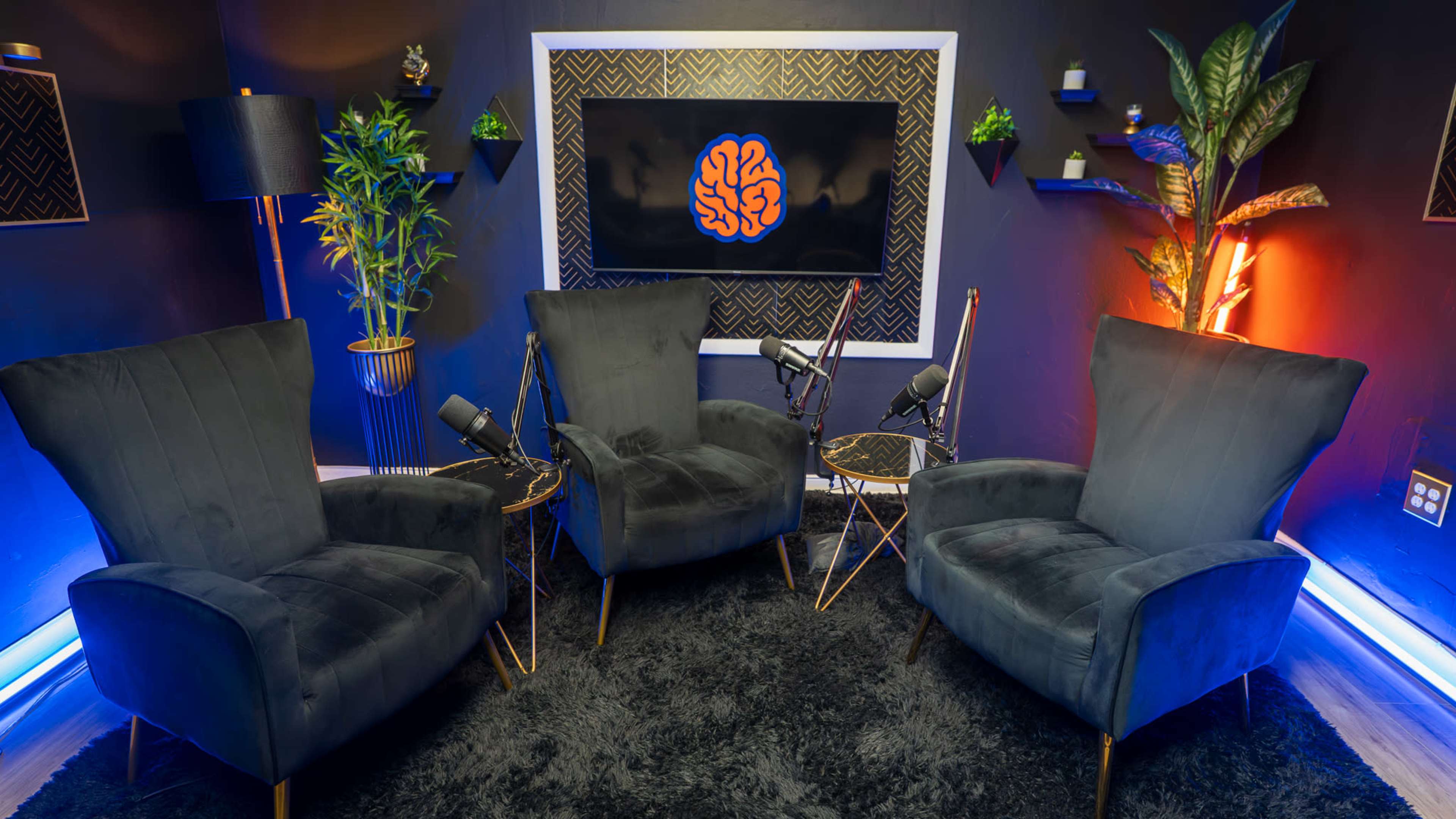 The image shows a modern podcast studio setup featuring three comfortable gray armchairs arranged around a small table, with a television displaying a brain graphic on the wall and plants in the background.
