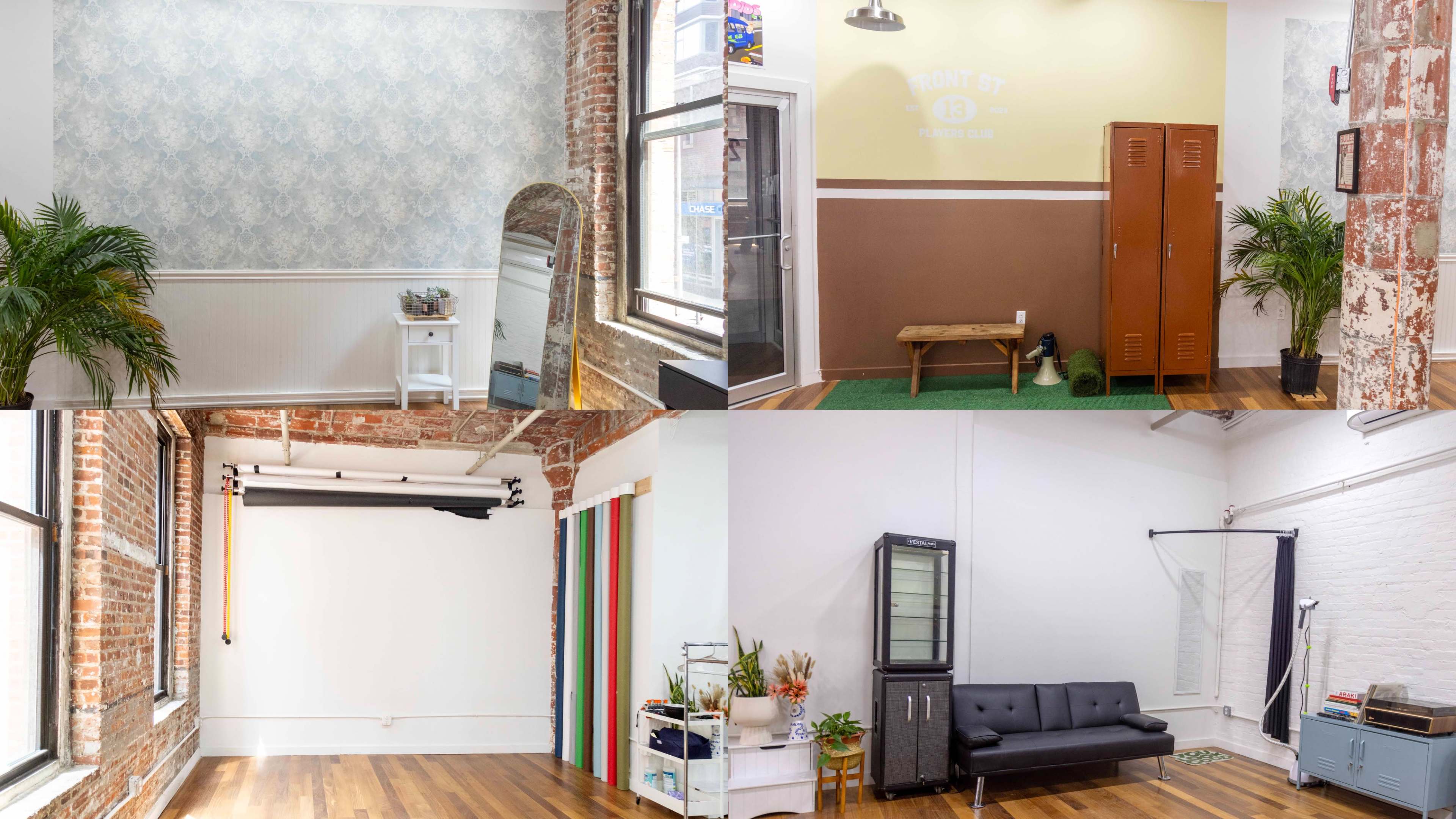 A spacious interior with four sections featuring exposed brick walls, modern furniture, and various decorative elements.