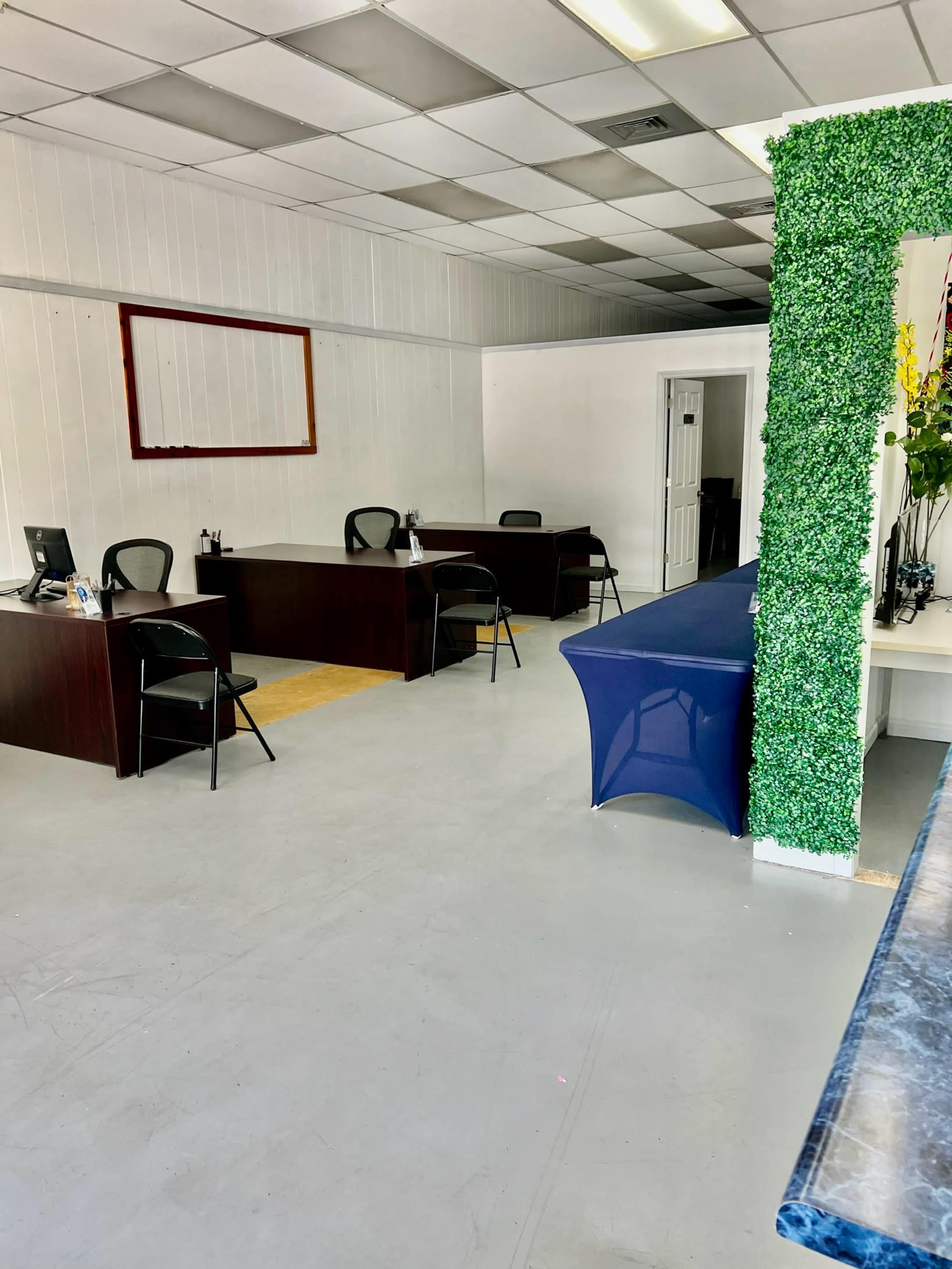 A sparsely furnished office space with two desks, black chairs, and a green decorative planter on one side.