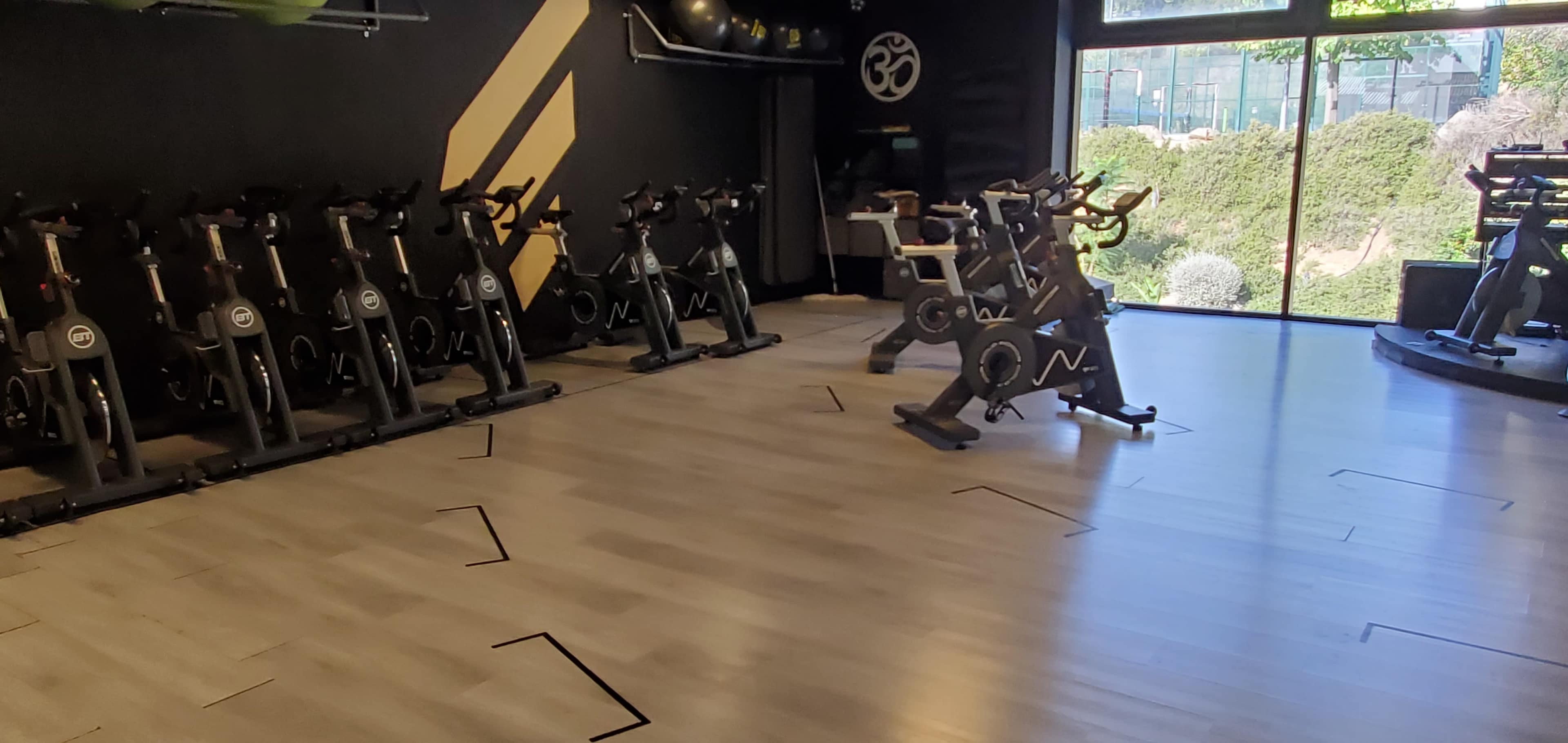 A fitness studio with several stationary bikes arranged on a wooden floor, near large windows overlooking greenery.