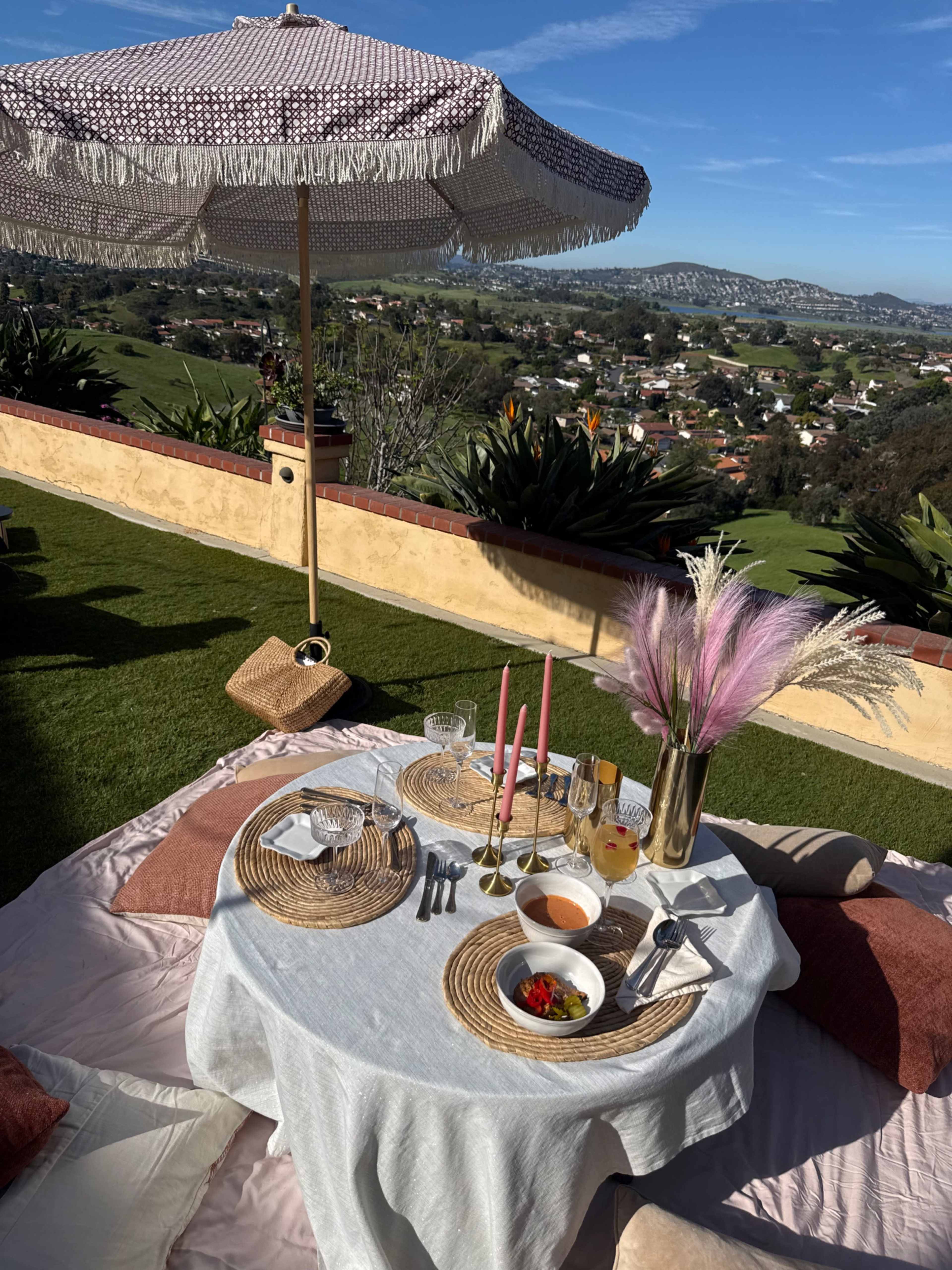 A picnic table set with a light blue tablecloth, decorative plates, and drinks is placed on a grassy hillside overlooking a scenic landscape.