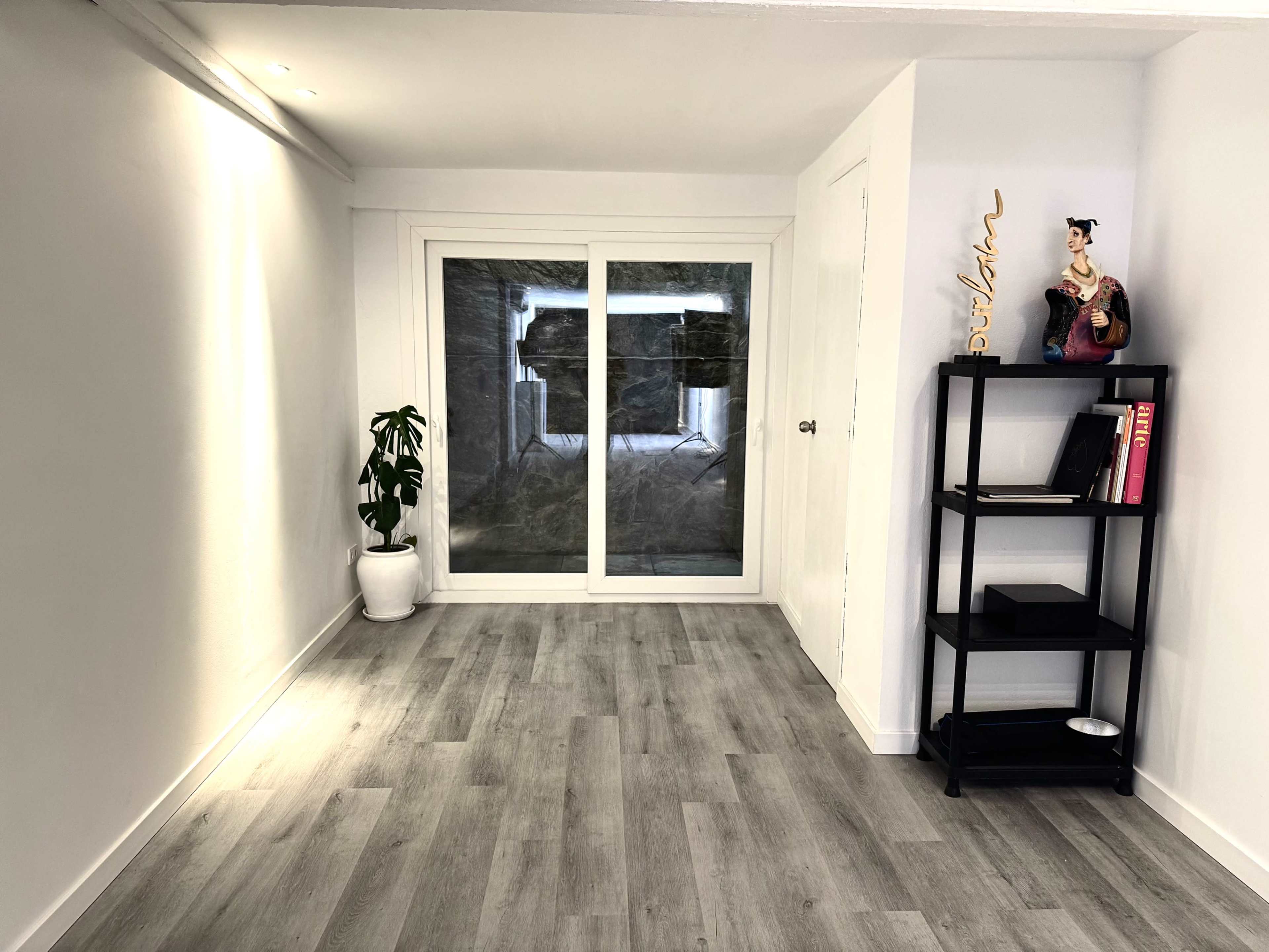 The image shows a bright, minimalist room with light gray flooring, a potted plant in the corner, a tall black shelf containing books and decorative items, and a large glass door leading to an outdoor space.