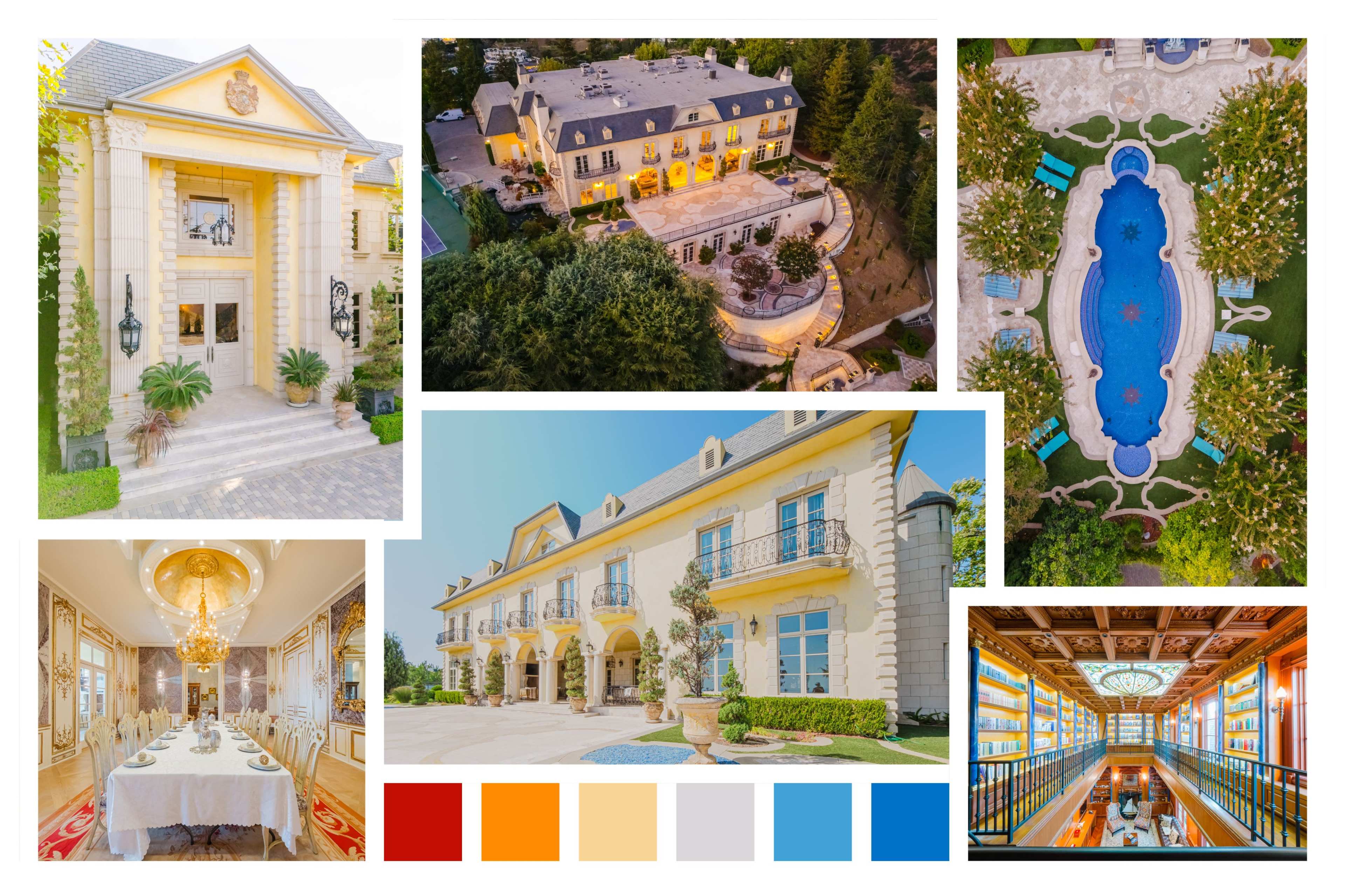 The image collage showcases a luxurious mansion featuring intricate architectural details, a spacious outdoor pool, and elegantly designed interiors.