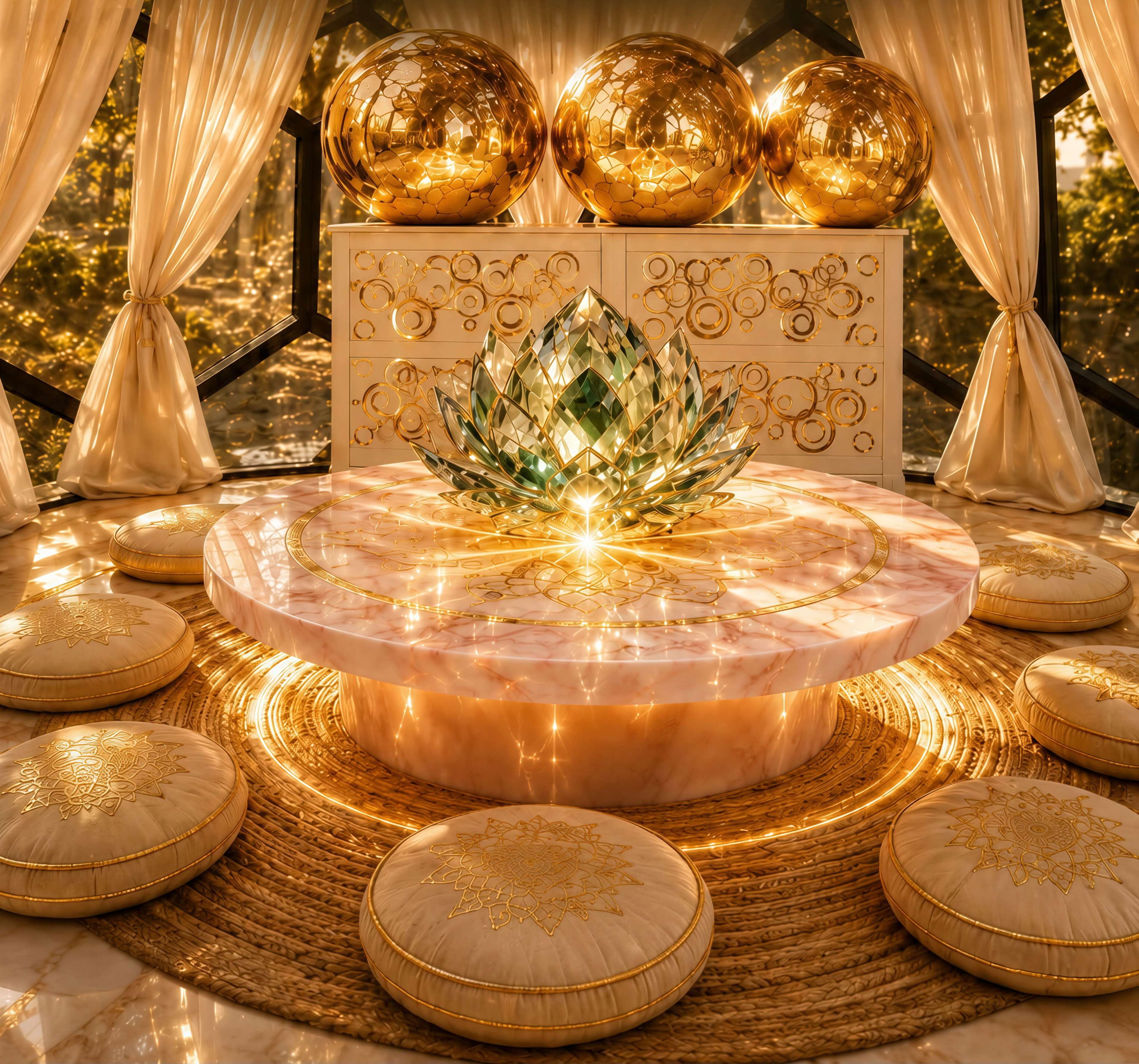 The scene features a luxurious interior with a circular marble table at the center, adorned with a large crystal lotus, surrounded by golden orbs and plush seating cushions.