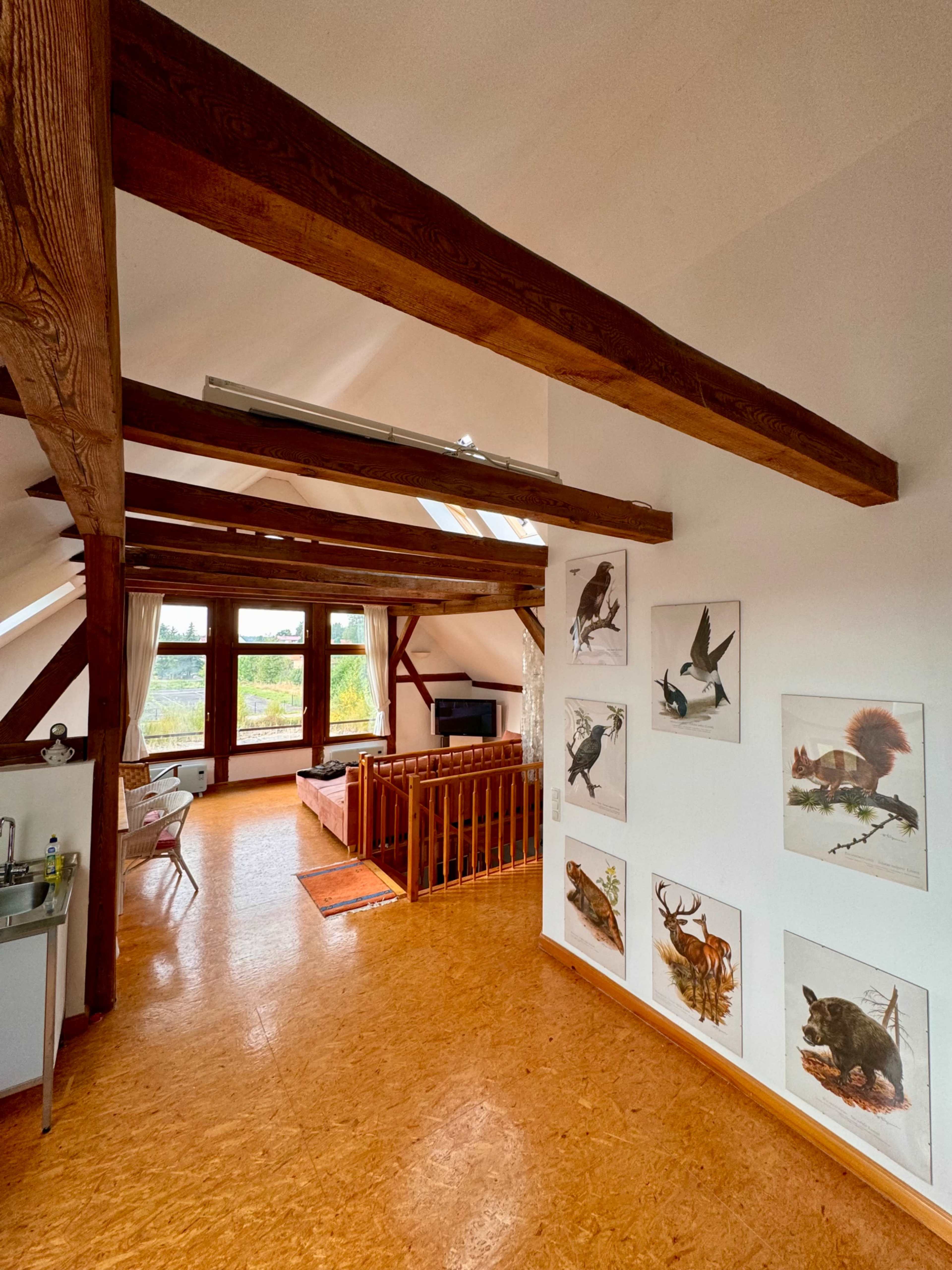 The image shows a spacious loft with wooden beams, featuring a living area separated by a wooden railing and adorned with framed animal illustrations on the walls.