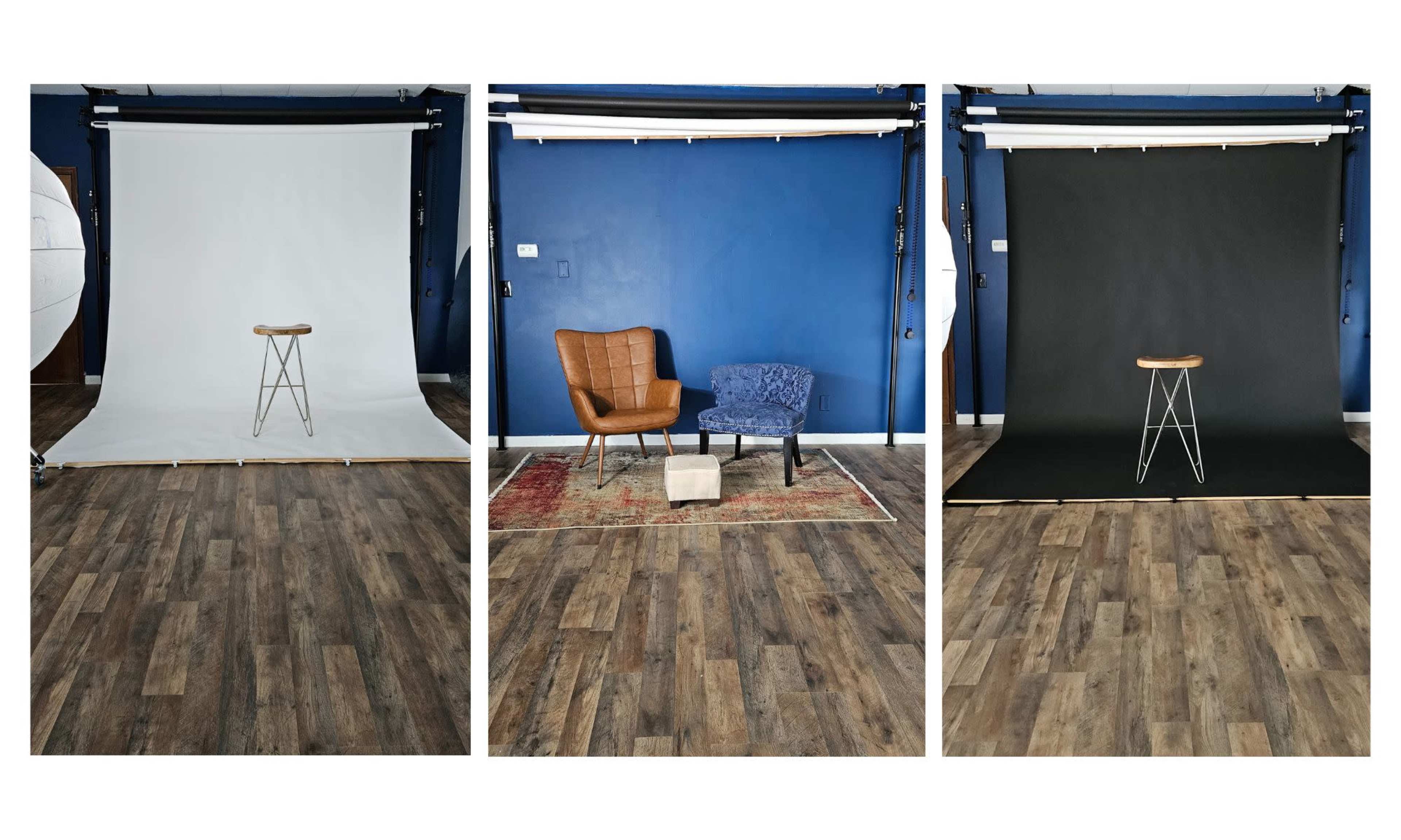 Three photography setups with different colored backdrops: a white background on the left, a blue wall with two chairs in the center, and a black background on the right.