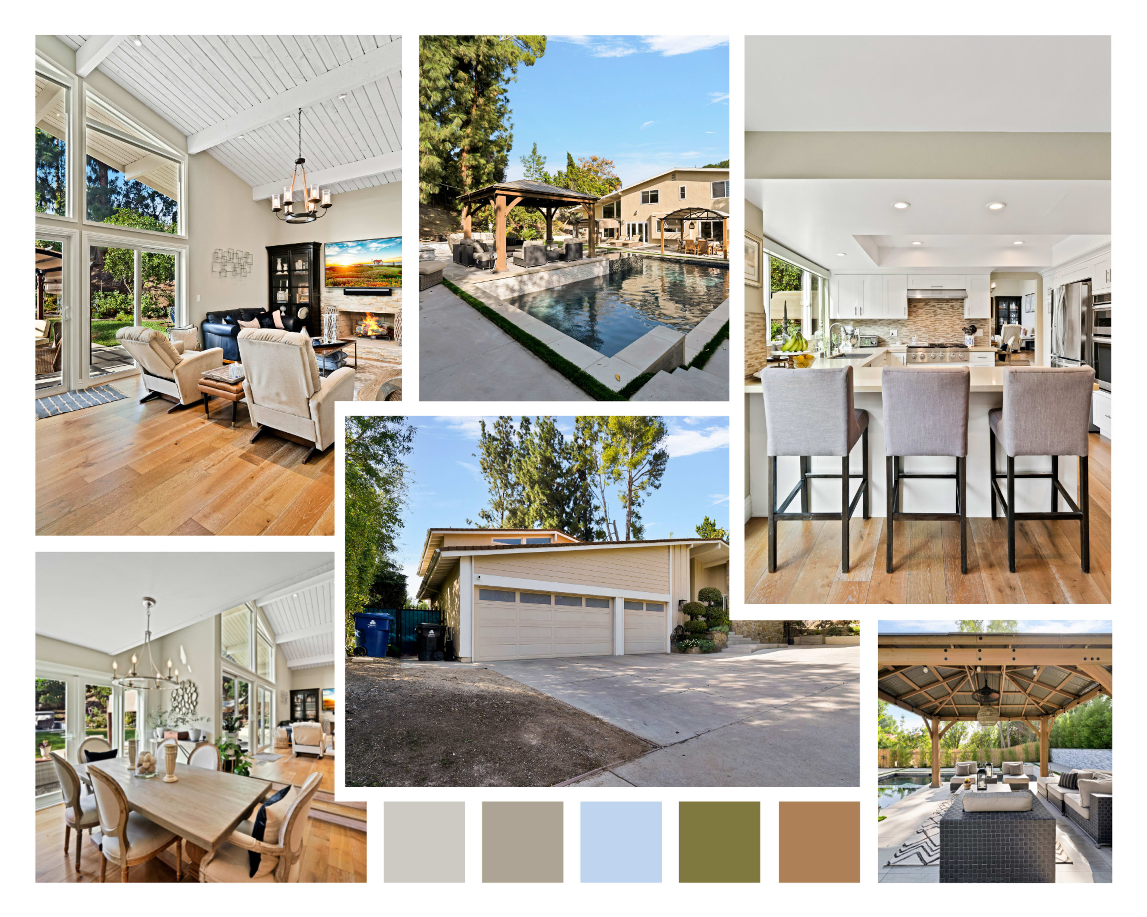 A luxurious home setting with a modern interior, a spacious outdoor pool area, and various rooms including a dining space, kitchen, and garage.