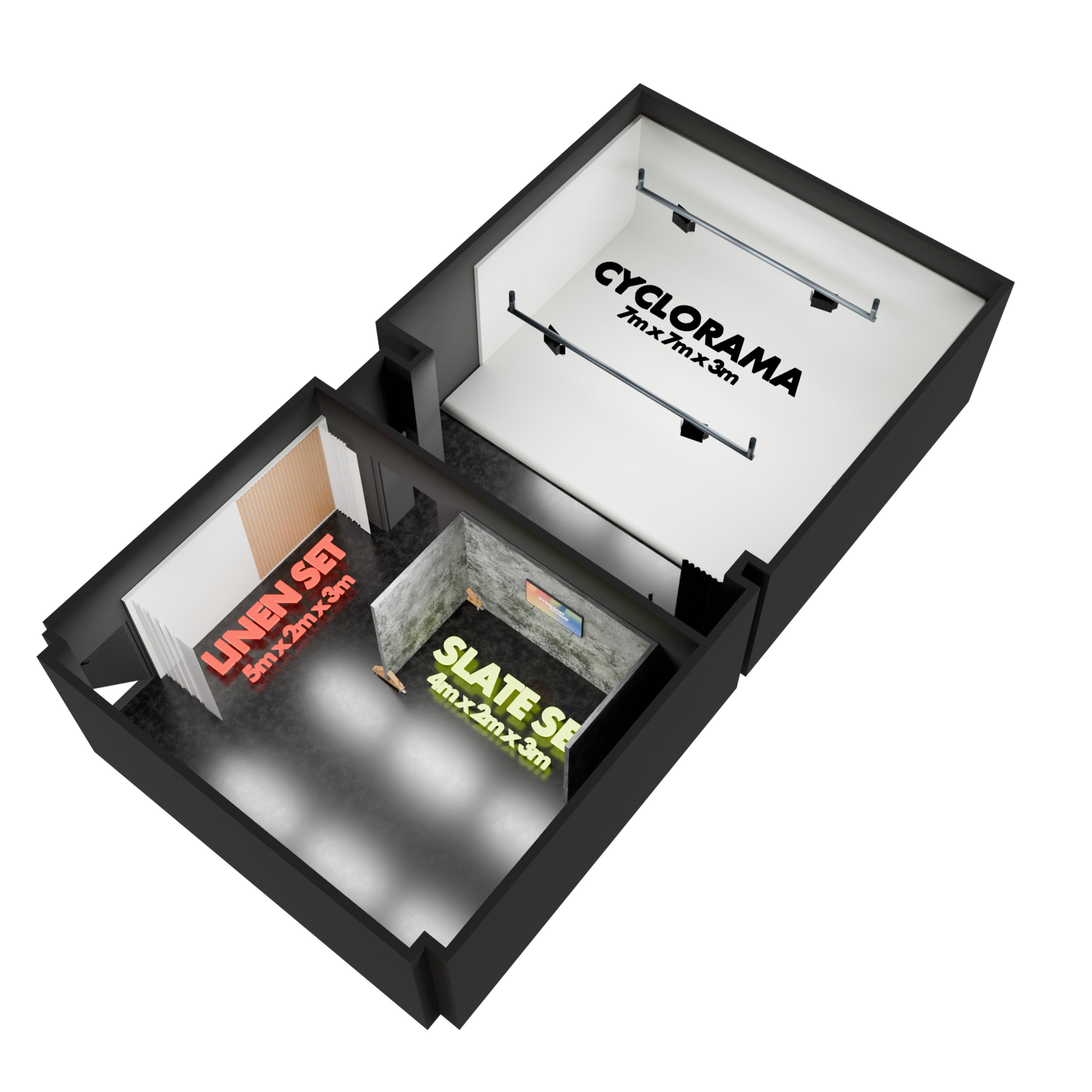 The image shows a floor plan of a studio divided into three areas labeled "Cyclorama," "Linen Set," and "Slate Set," with their respective dimensions noted.