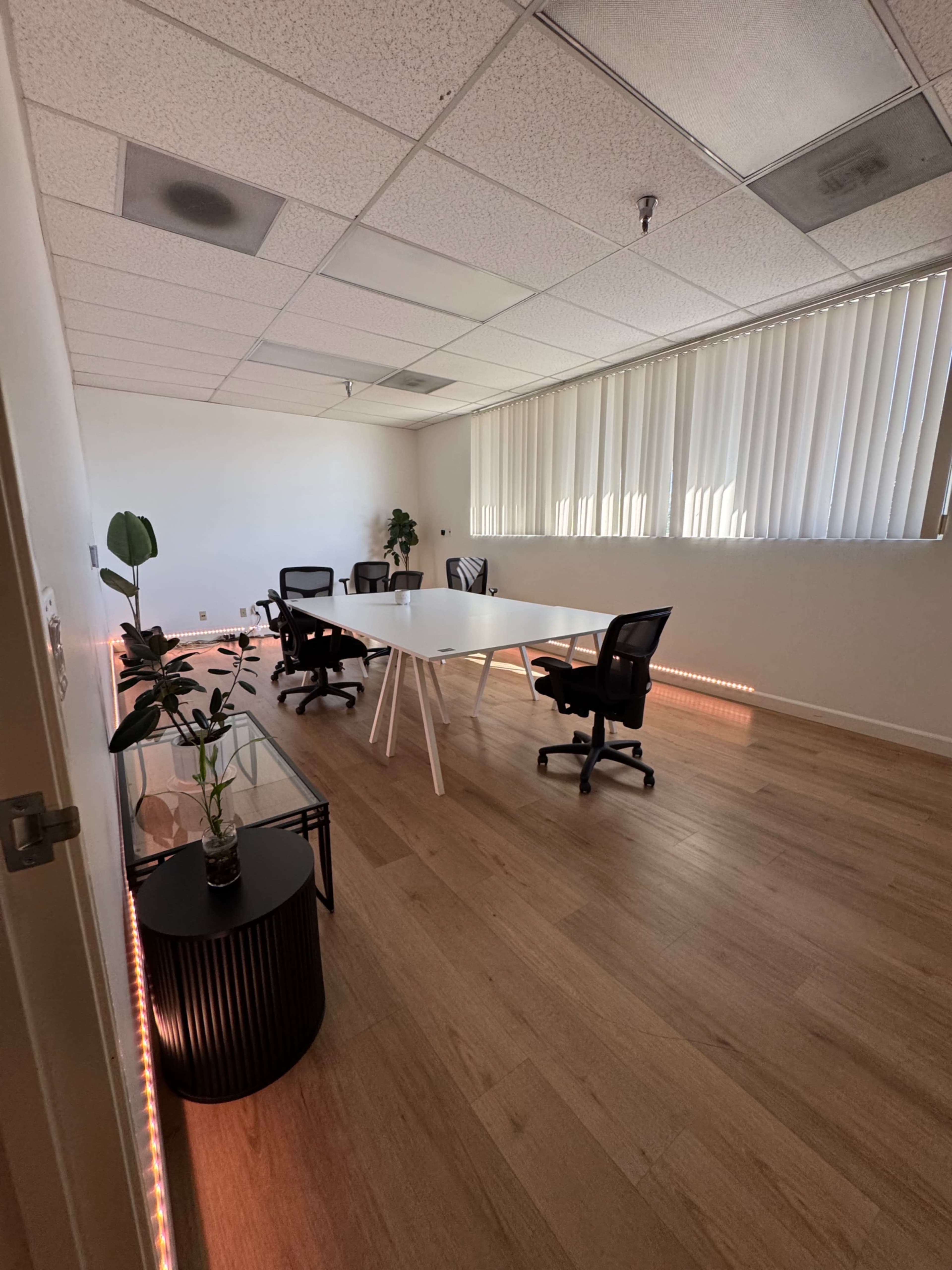 An empty office space features a large white table surrounded by four black chairs, with a glass side table and a potted plant in the corner.