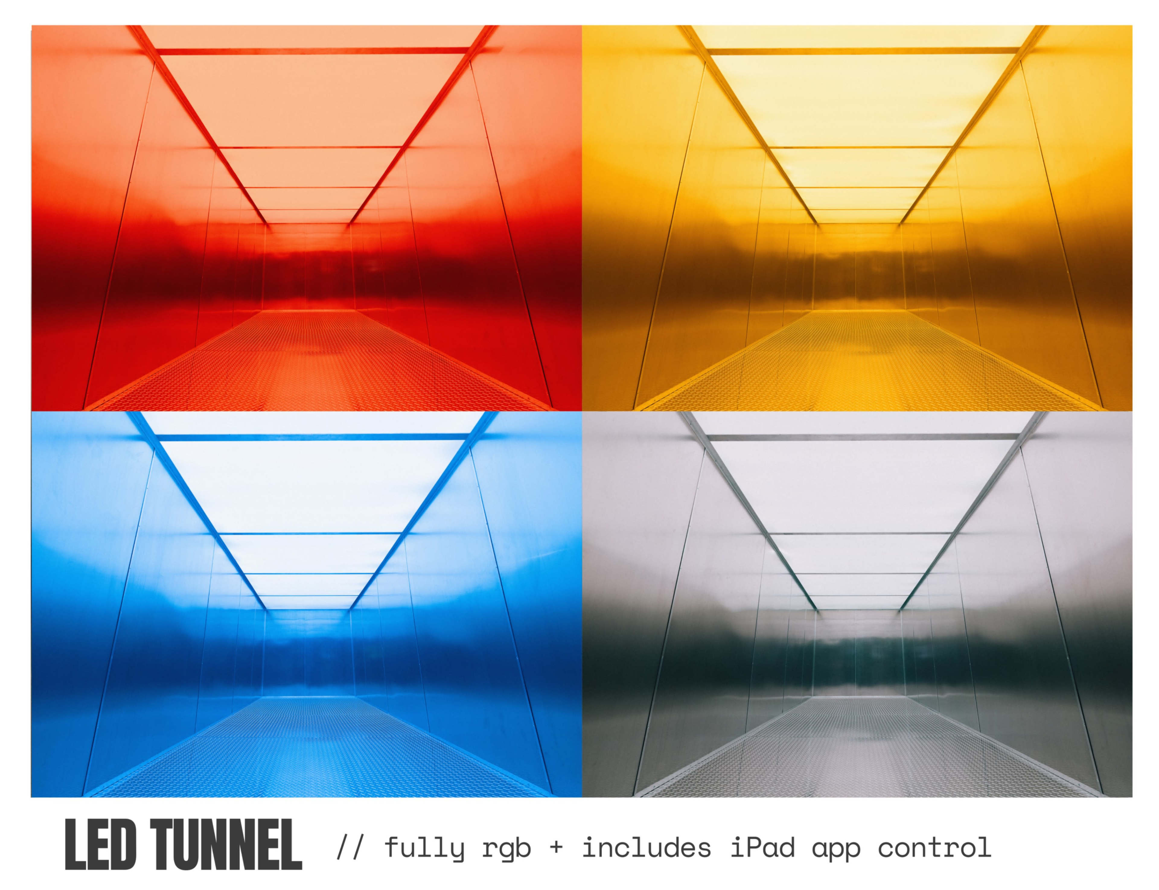 The image features a rectangular tunnel with colored LED lighting, displaying vibrant red, orange, blue, and a neutral metallic finish in each quadrant.