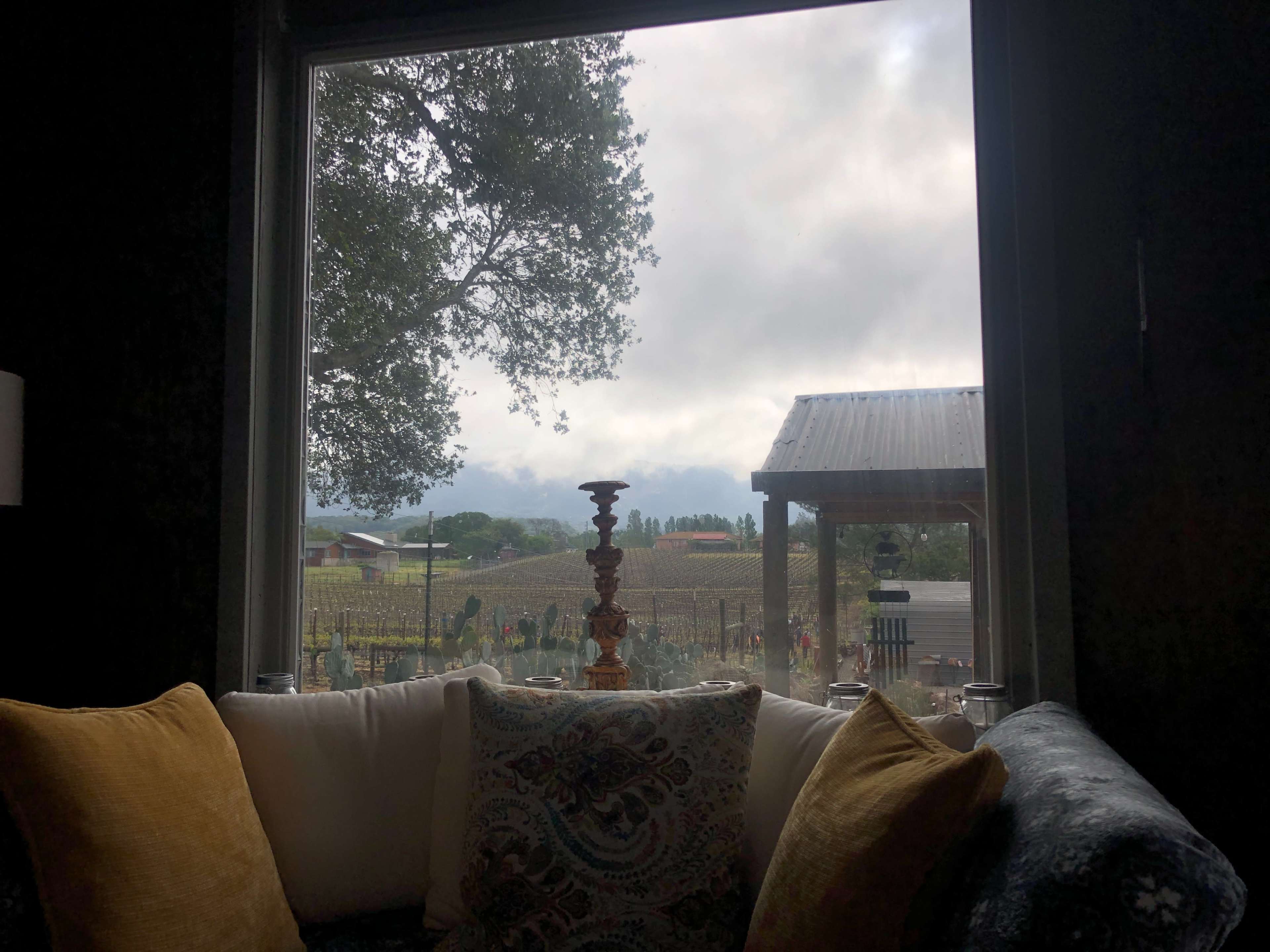 A cozy window seat offers a view of a vineyard under a cloudy sky with trees in the foreground.