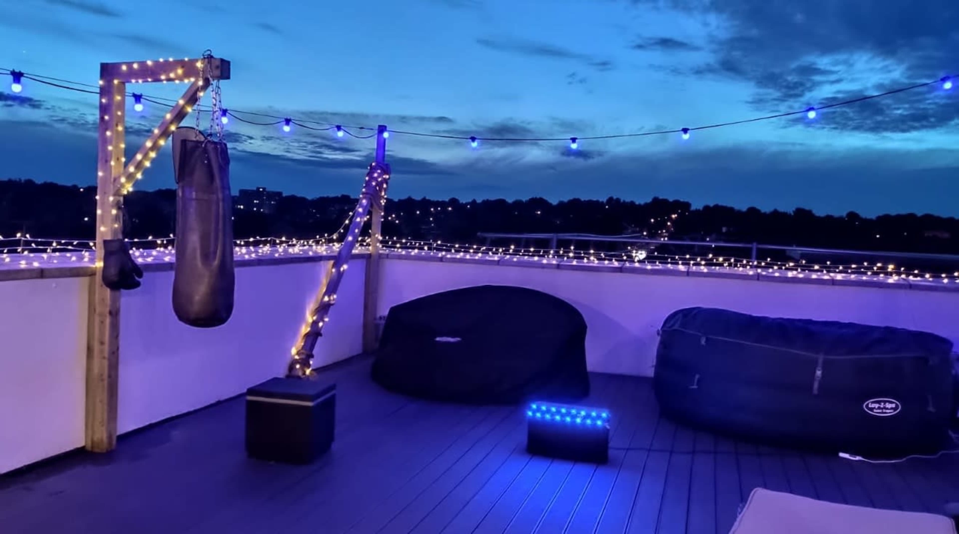 A rooftop area features a punching bag, seating, and string lights against a twilight sky.
