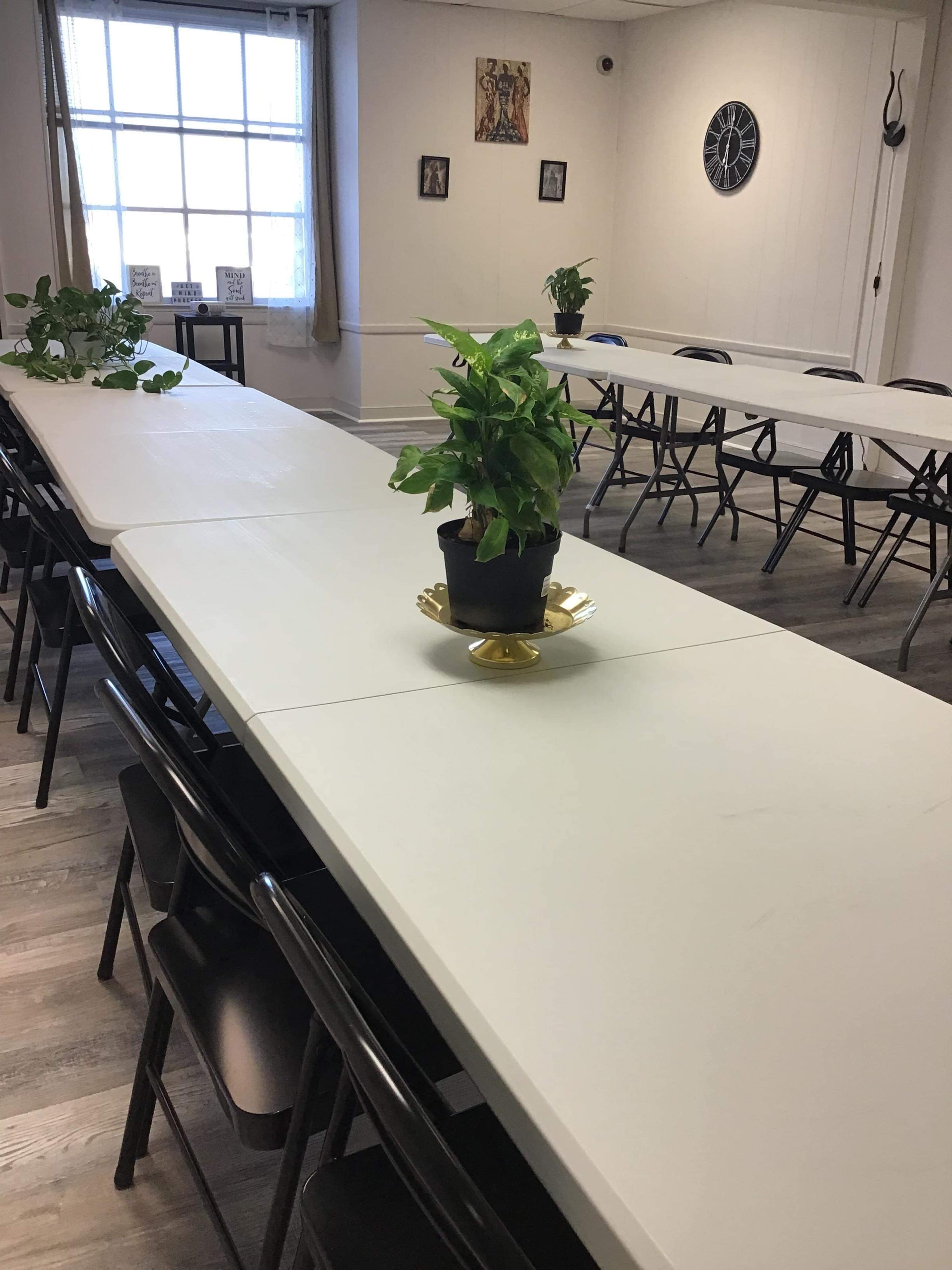 A long, white table is set up in a room with black chairs and potted plants, arranged for a meeting or gathering.