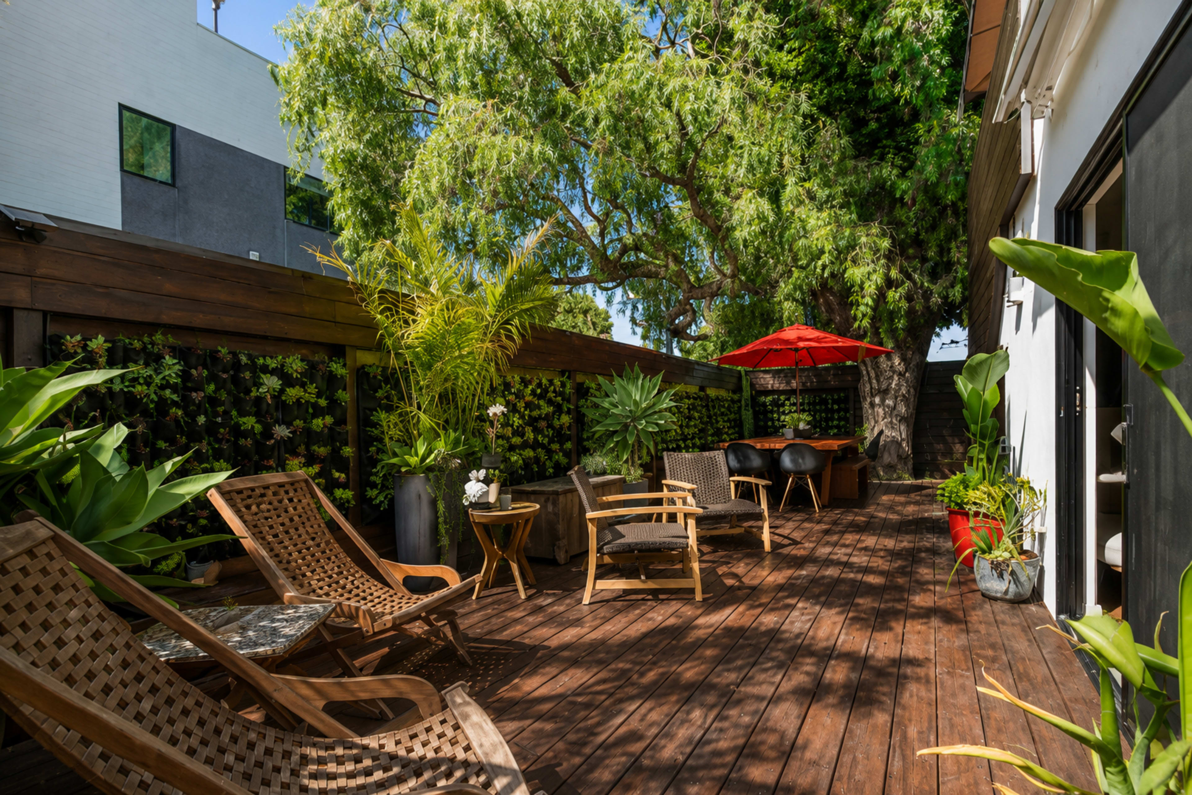 The image shows a wooden deck surrounded by greenery, featuring lounge chairs, a patio table, and an umbrella.