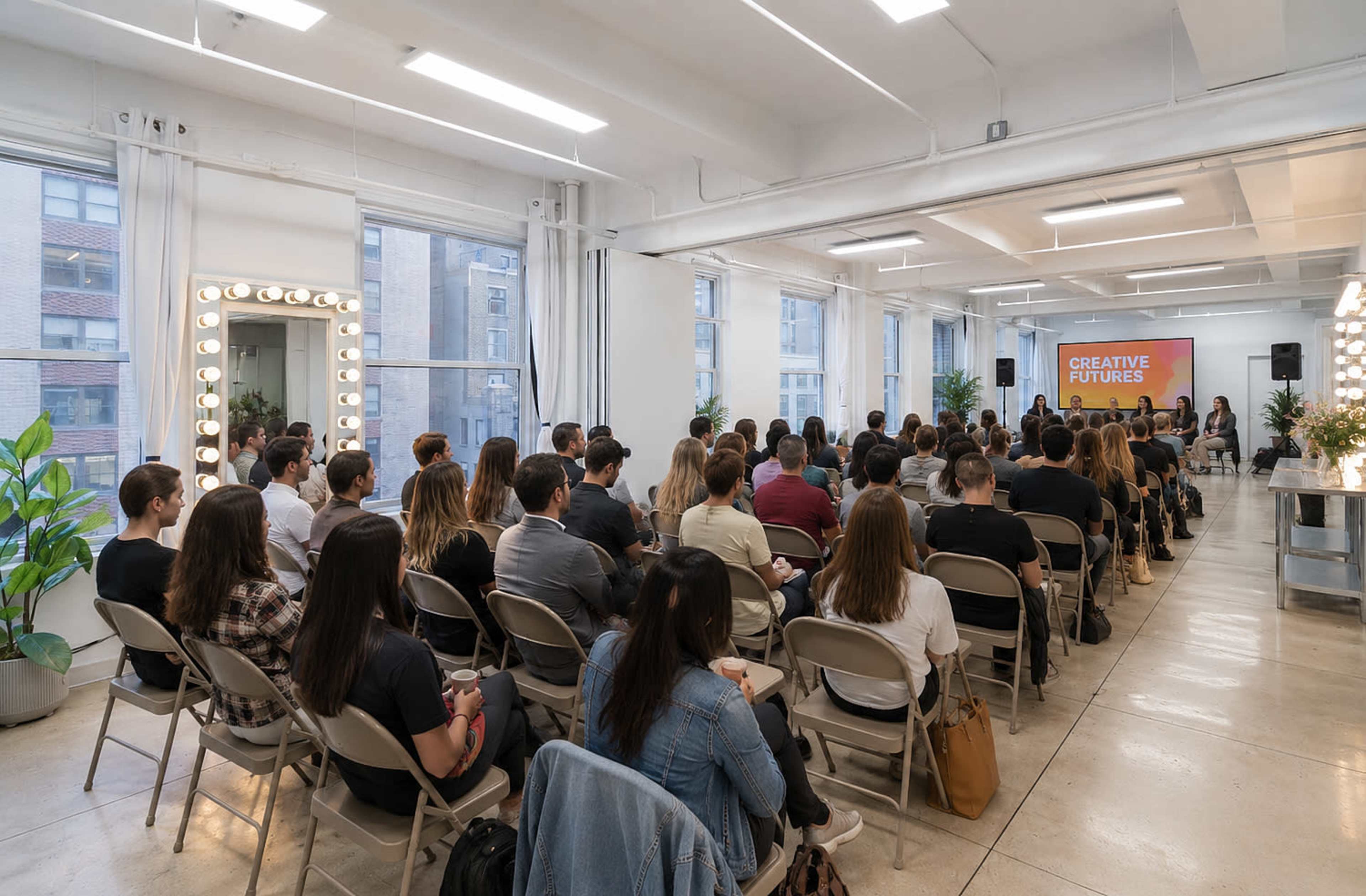 A conference room filled with an audience seated in folding chairs, facing a stage where a presentation titled "Creative Futures" is being held.