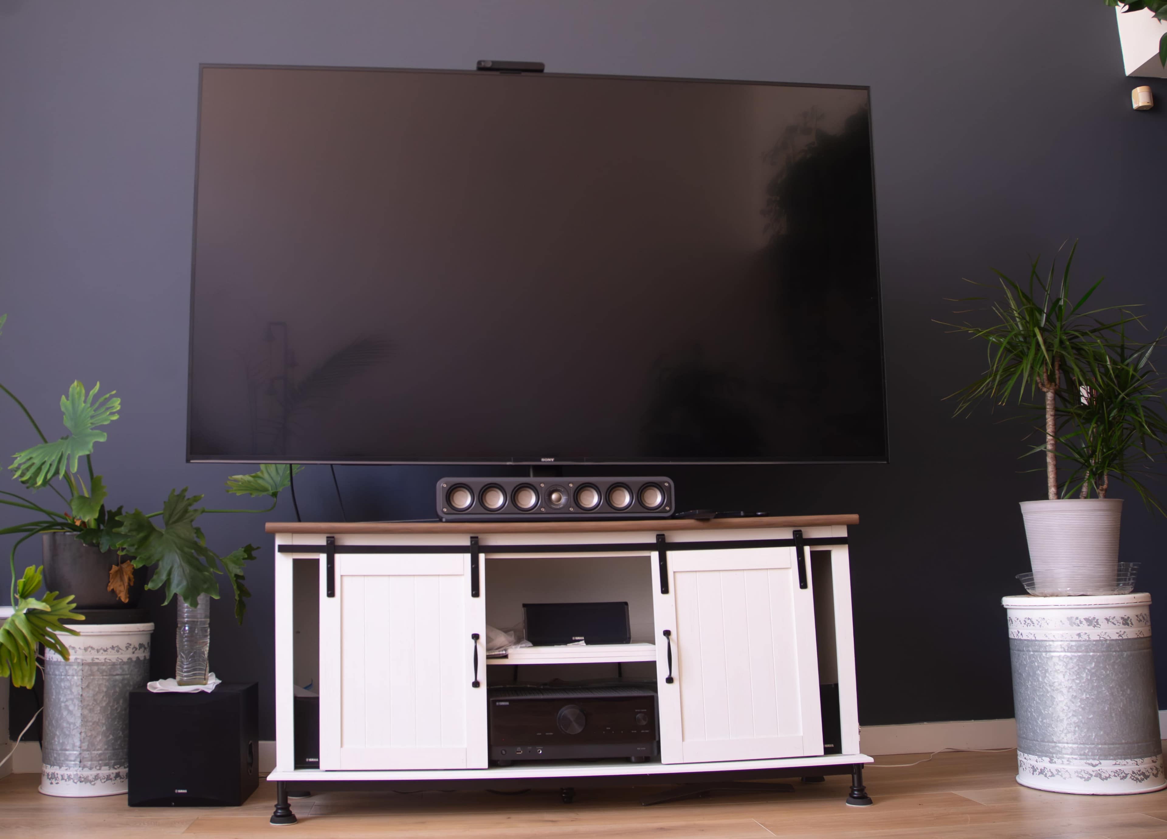 A large flat-screen television is mounted on a dark wall above a white cabinet with black accents, which houses audio equipment and is flanked by potted plants.