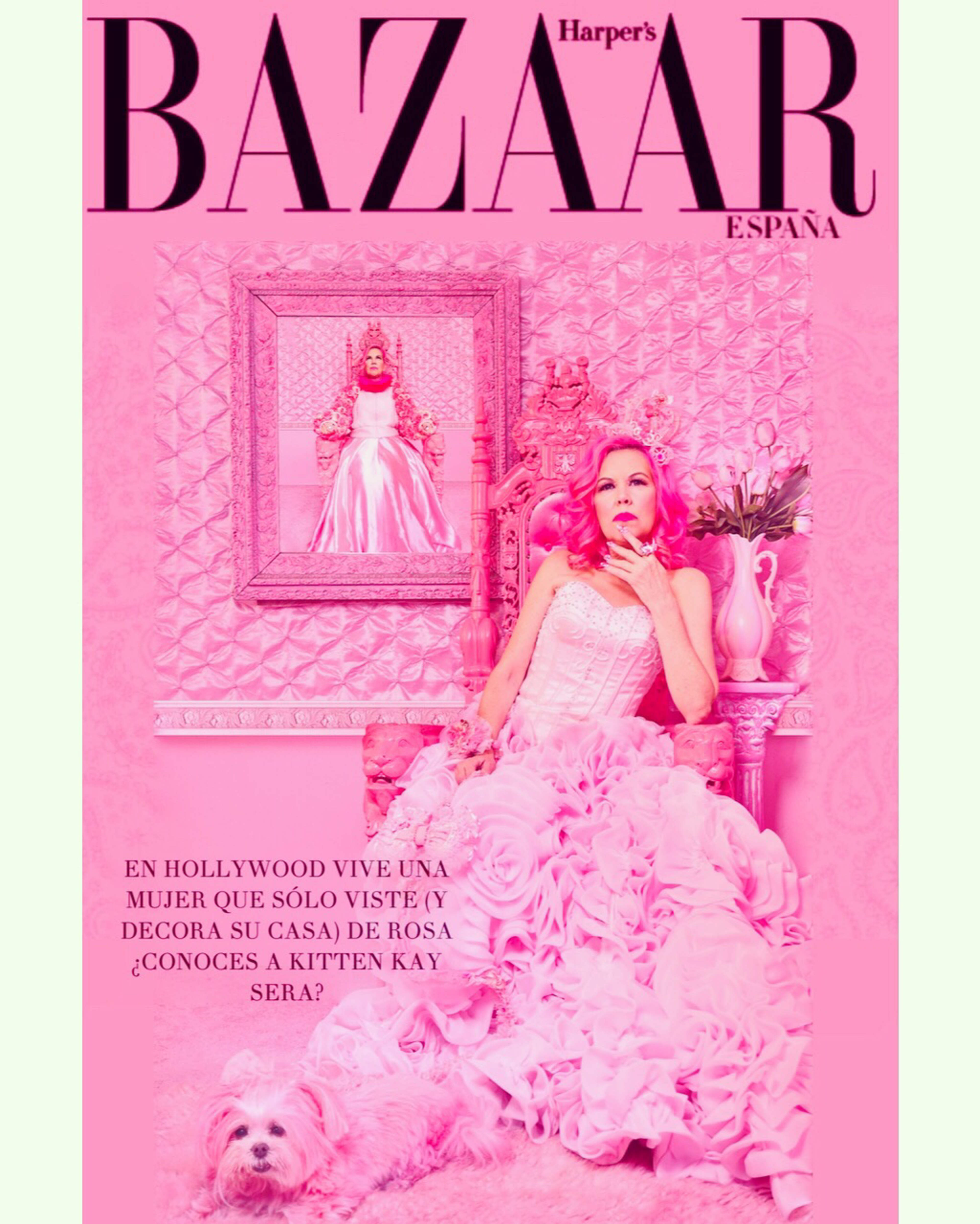 The magazine cover features a woman in a pink ball gown surrounded by pink decor and a small dog, with a prominent title above.