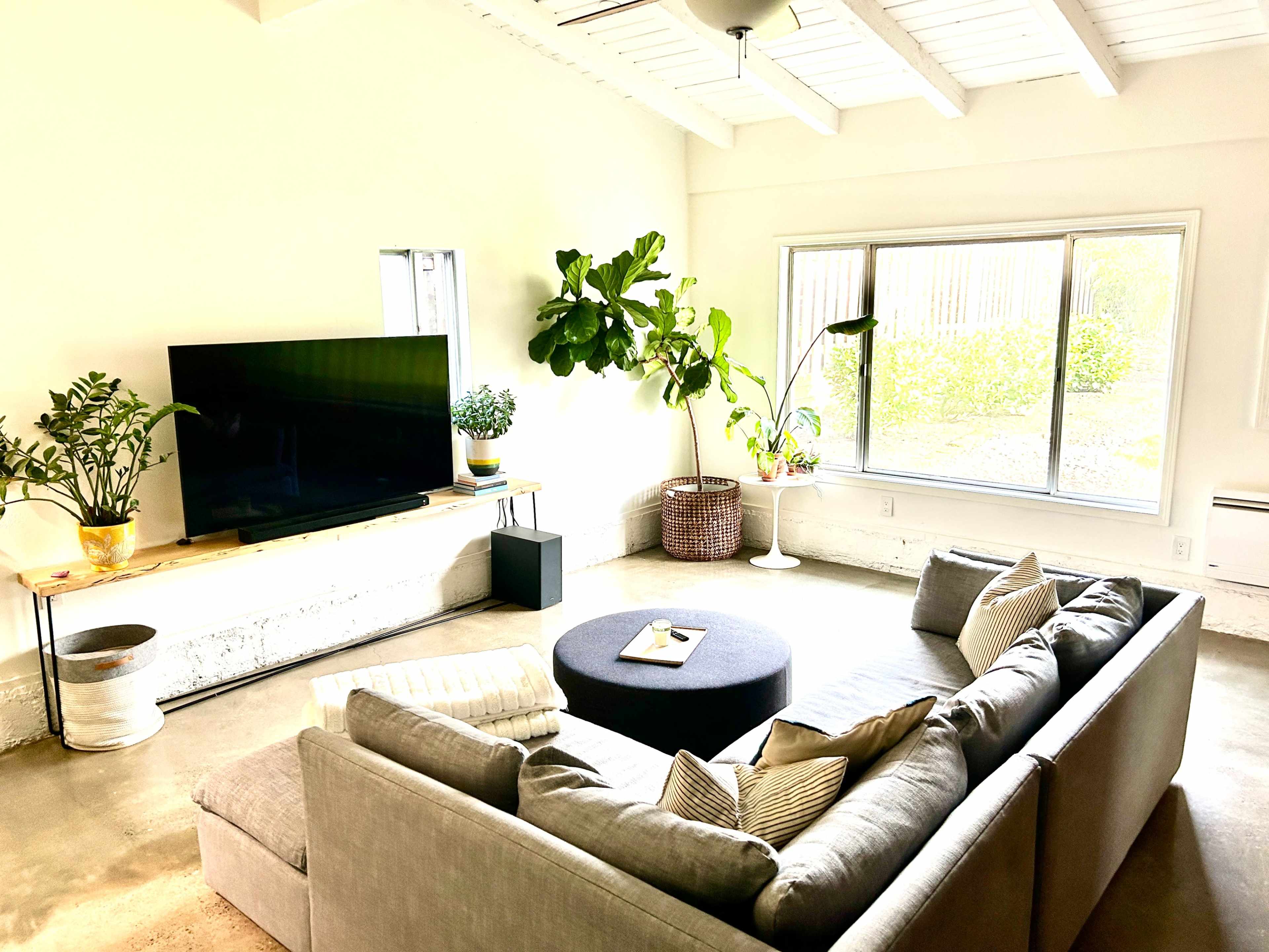 A modern living room with a sofa, a round coffee table, a large television, and several plants near a window.