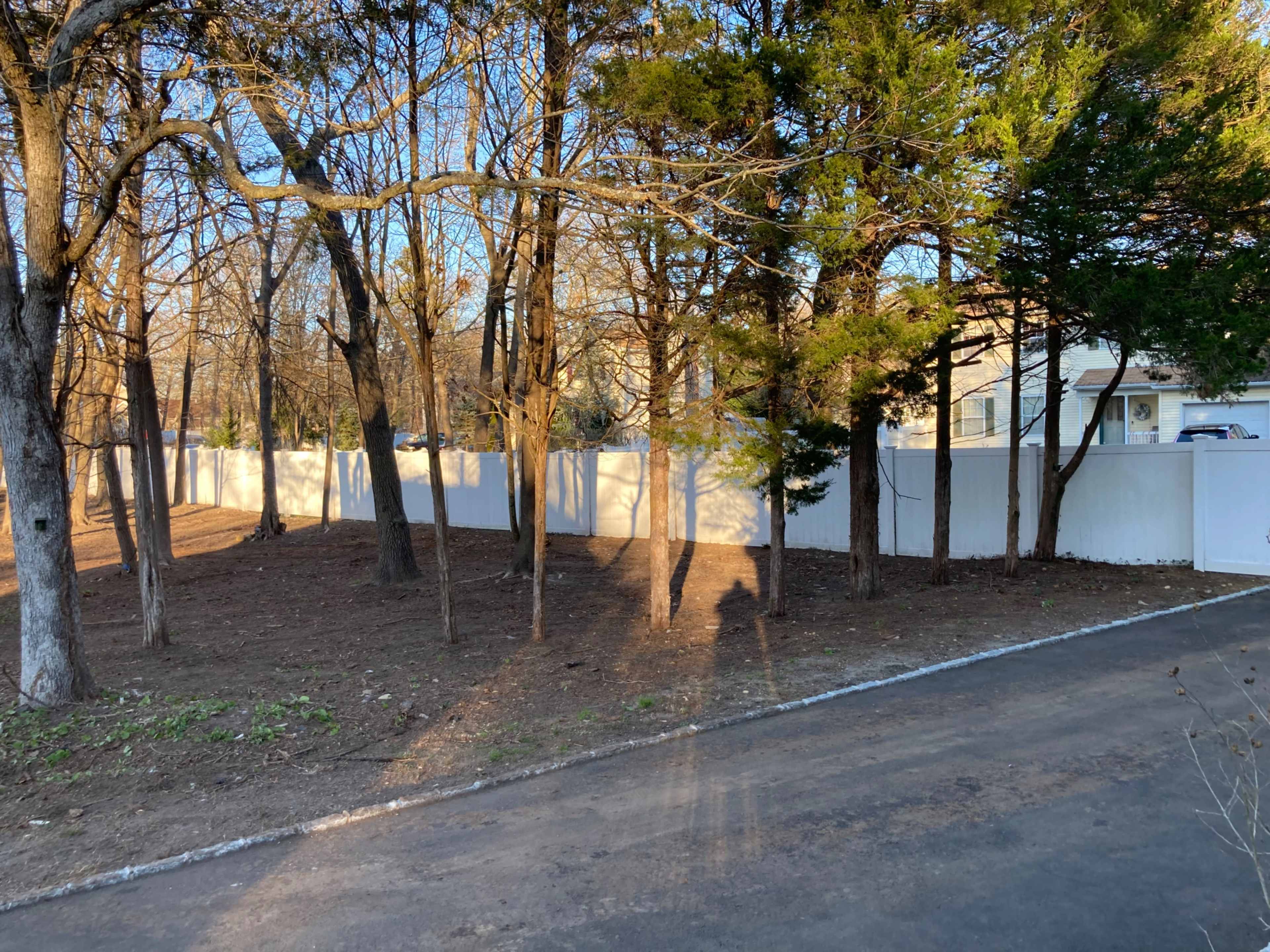 A dirt path leads to a white wall bordered by trees in a wooded area.