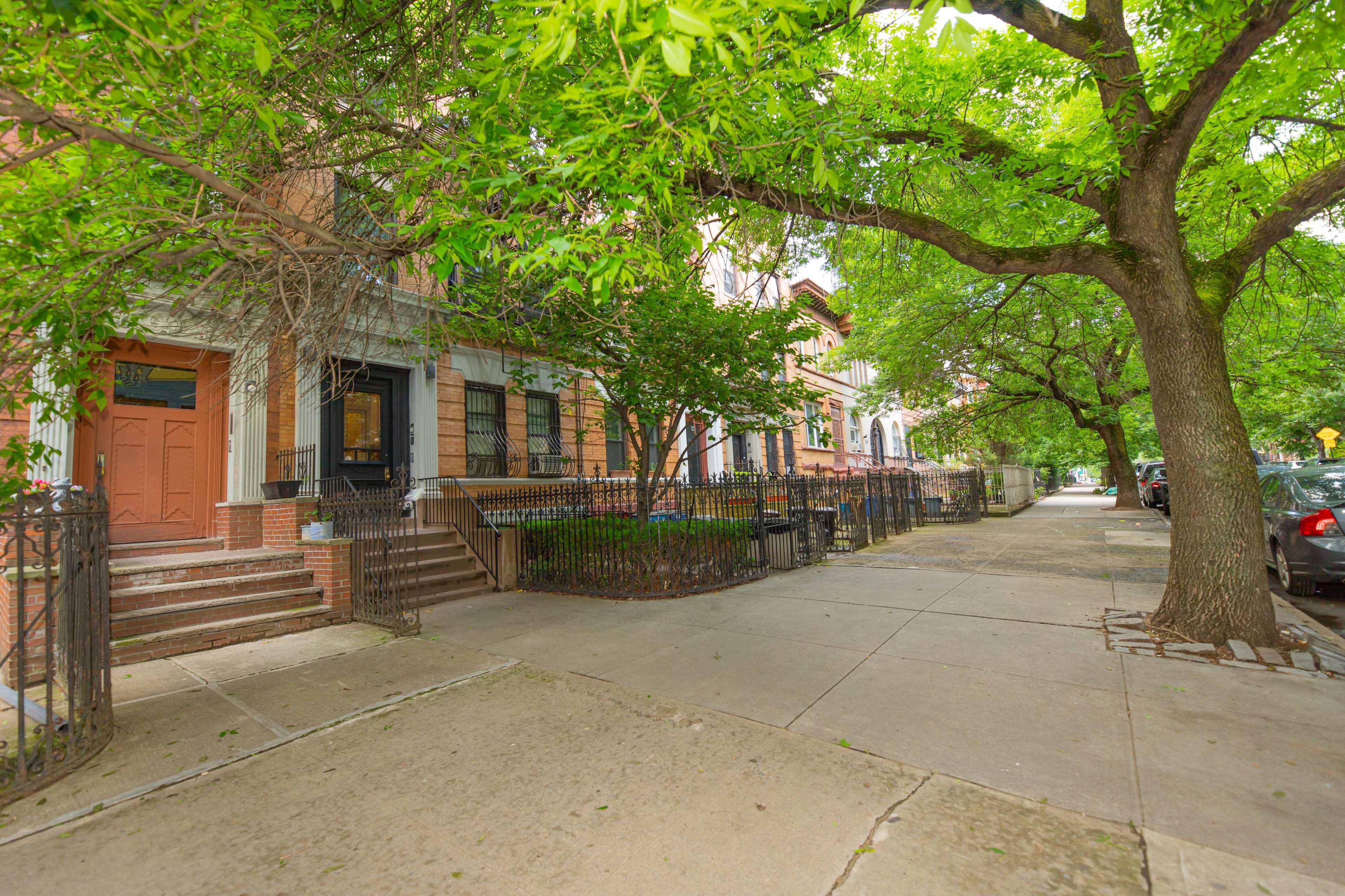 A tree-lined street features brick townhouses with wrought iron fences and a concrete sidewalk.
