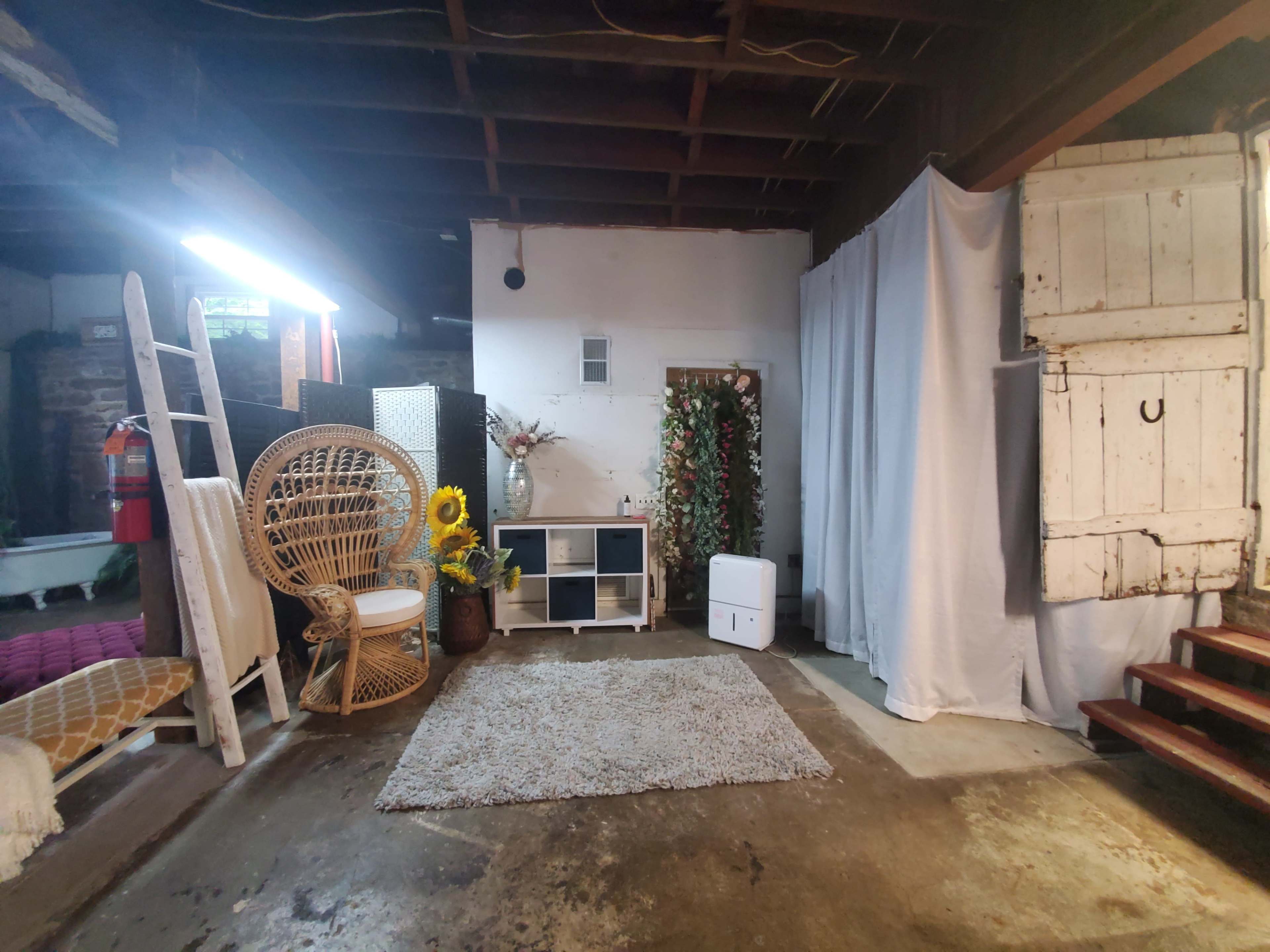 A dimly lit basement space featuring a seating area with a wicker chair, a white shelving unit, a small white appliance, a decorative rug, and a backdrop of white fabric and greenery.