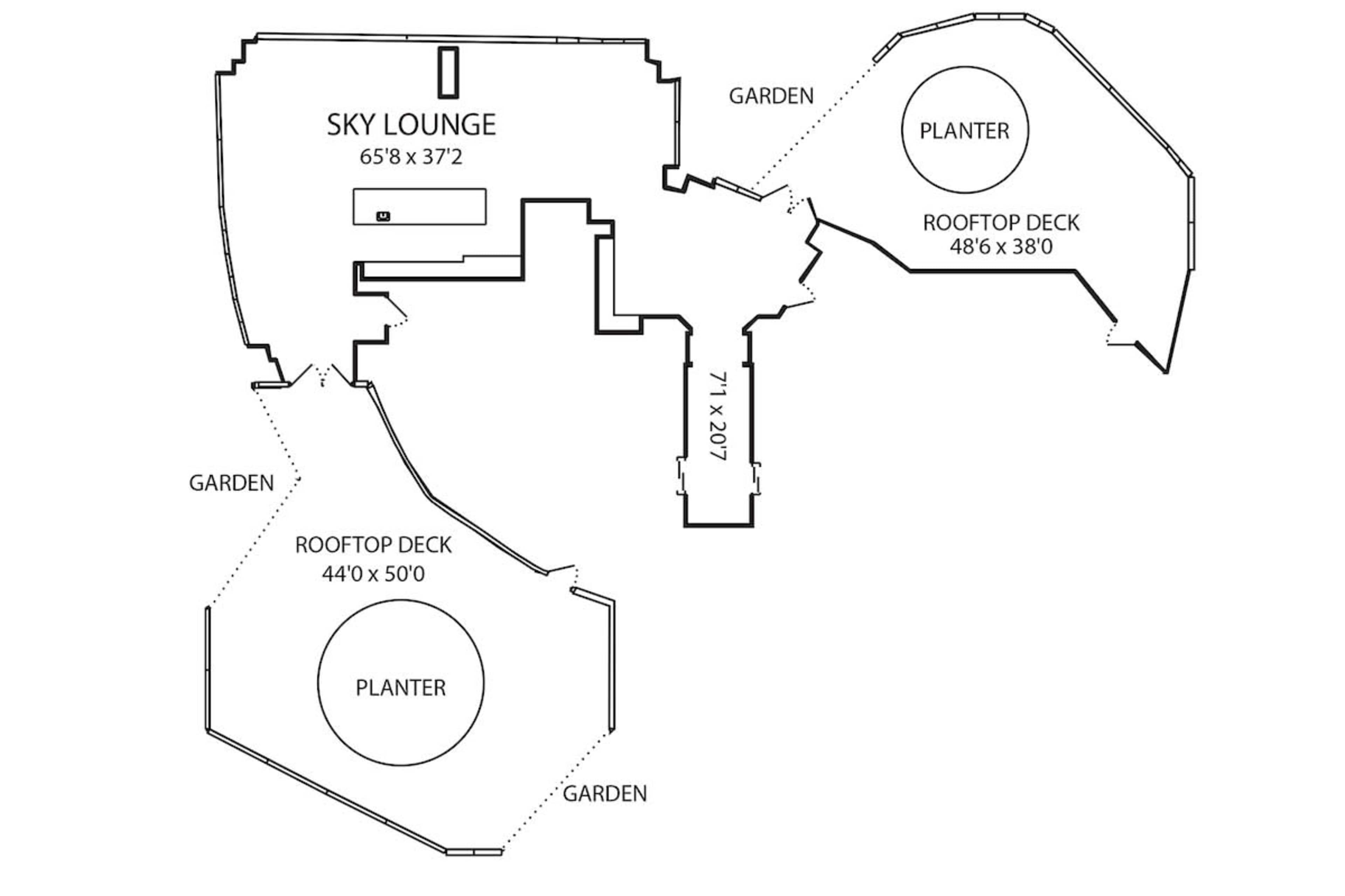 The image shows a floor plan layout featuring a sky lounge, rooftop decks, gardens, and planters.
