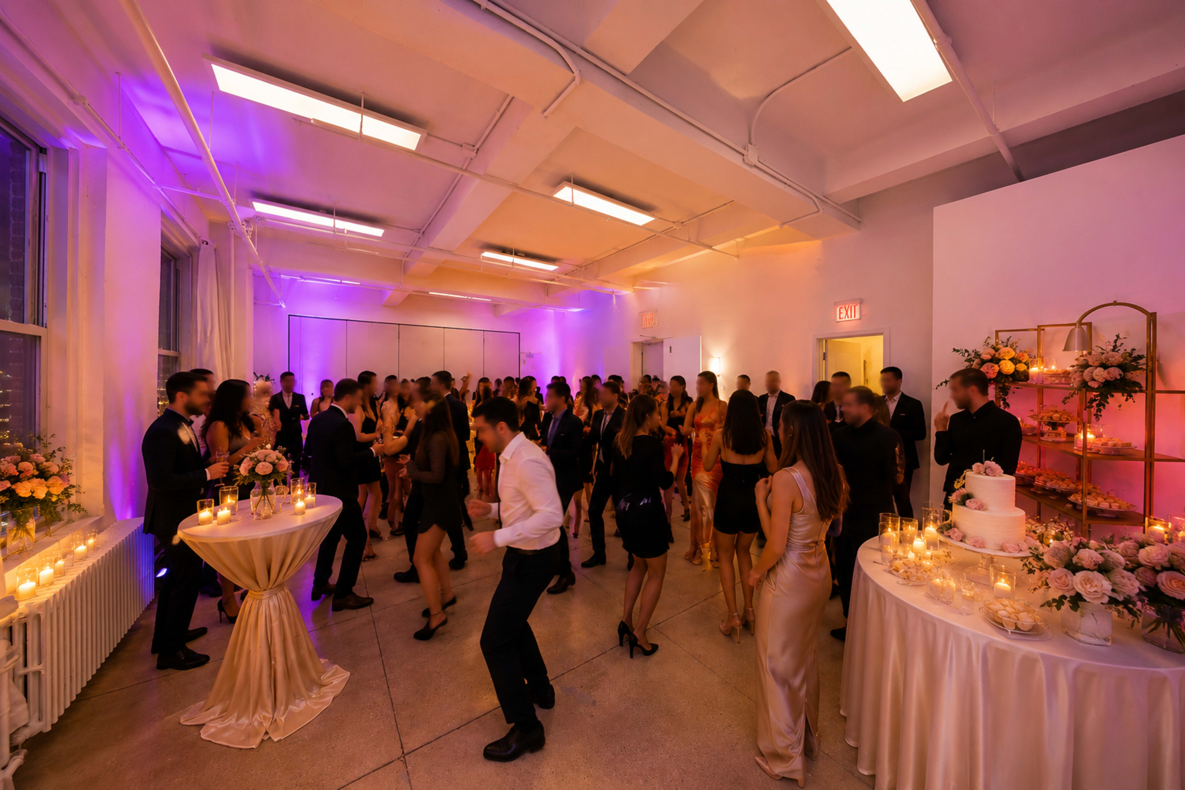 A lively indoor event is taking place with attendees dancing, tables adorned with flowers, and soft lighting creating a vibrant atmosphere.