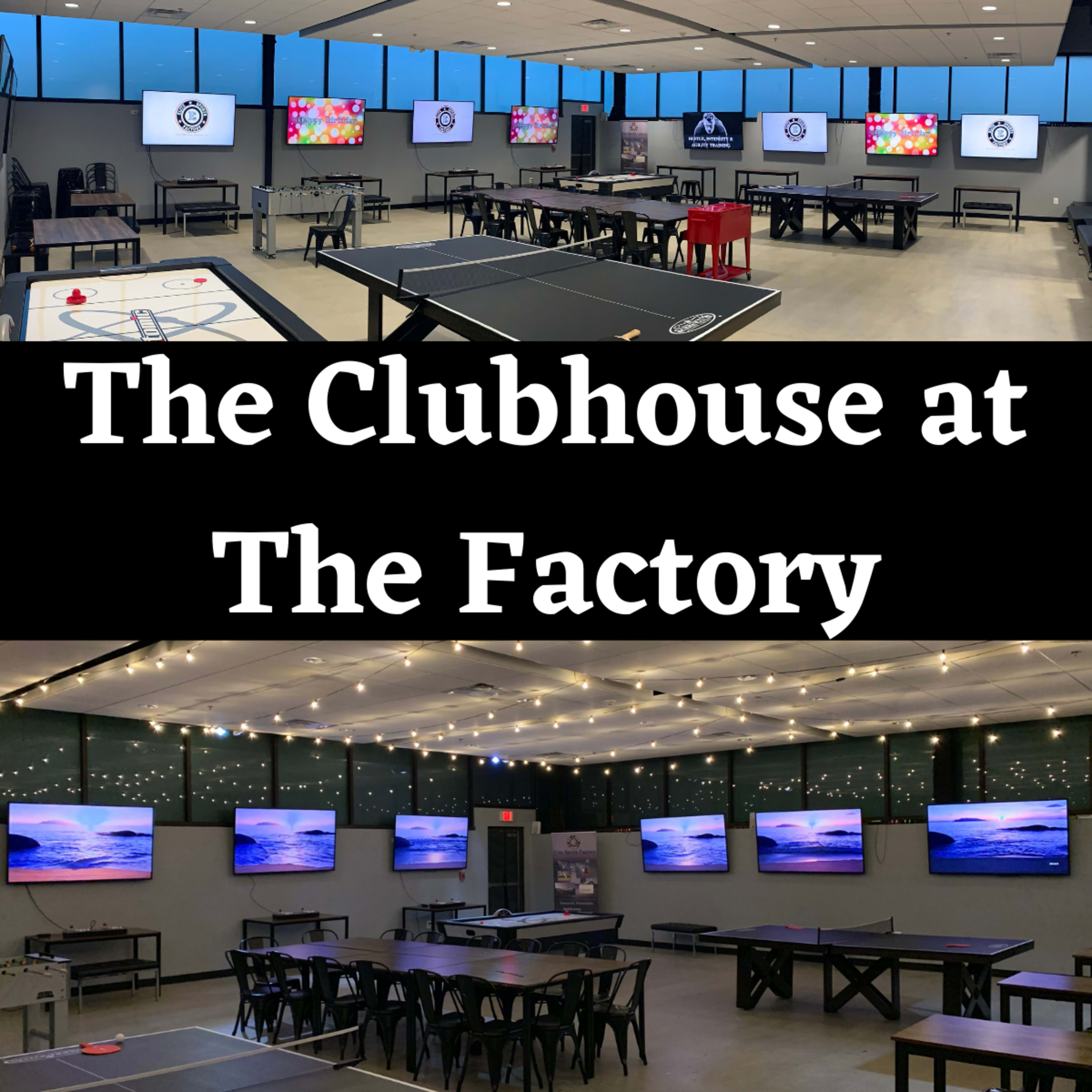 An indoor recreational space called "The Clubhouse at The Factory," featuring ping pong tables and multiple large screens arranged around the room.