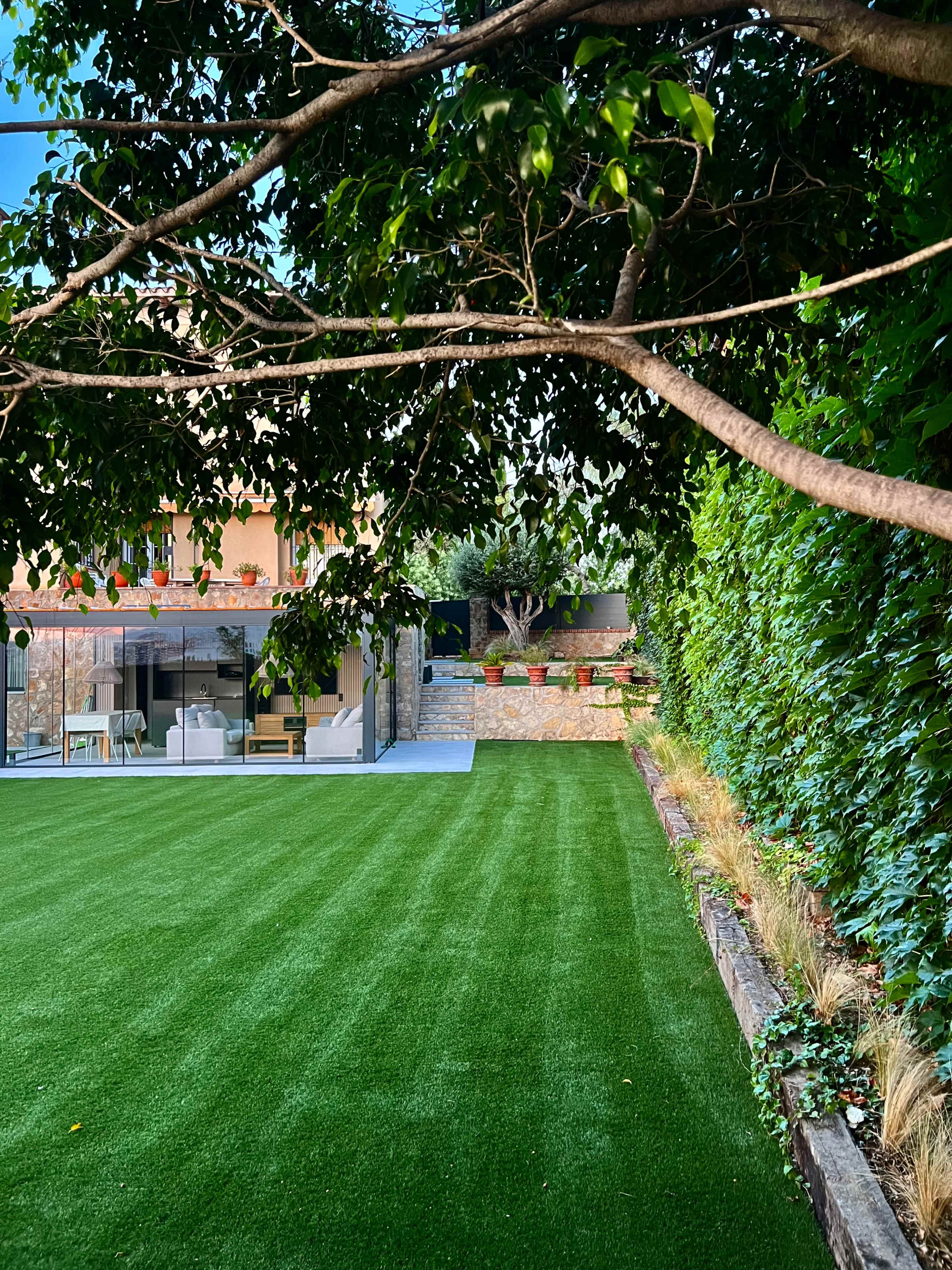 The image shows a neatly maintained green lawn bordered by a tall hedge, with a modern building visible in the background.