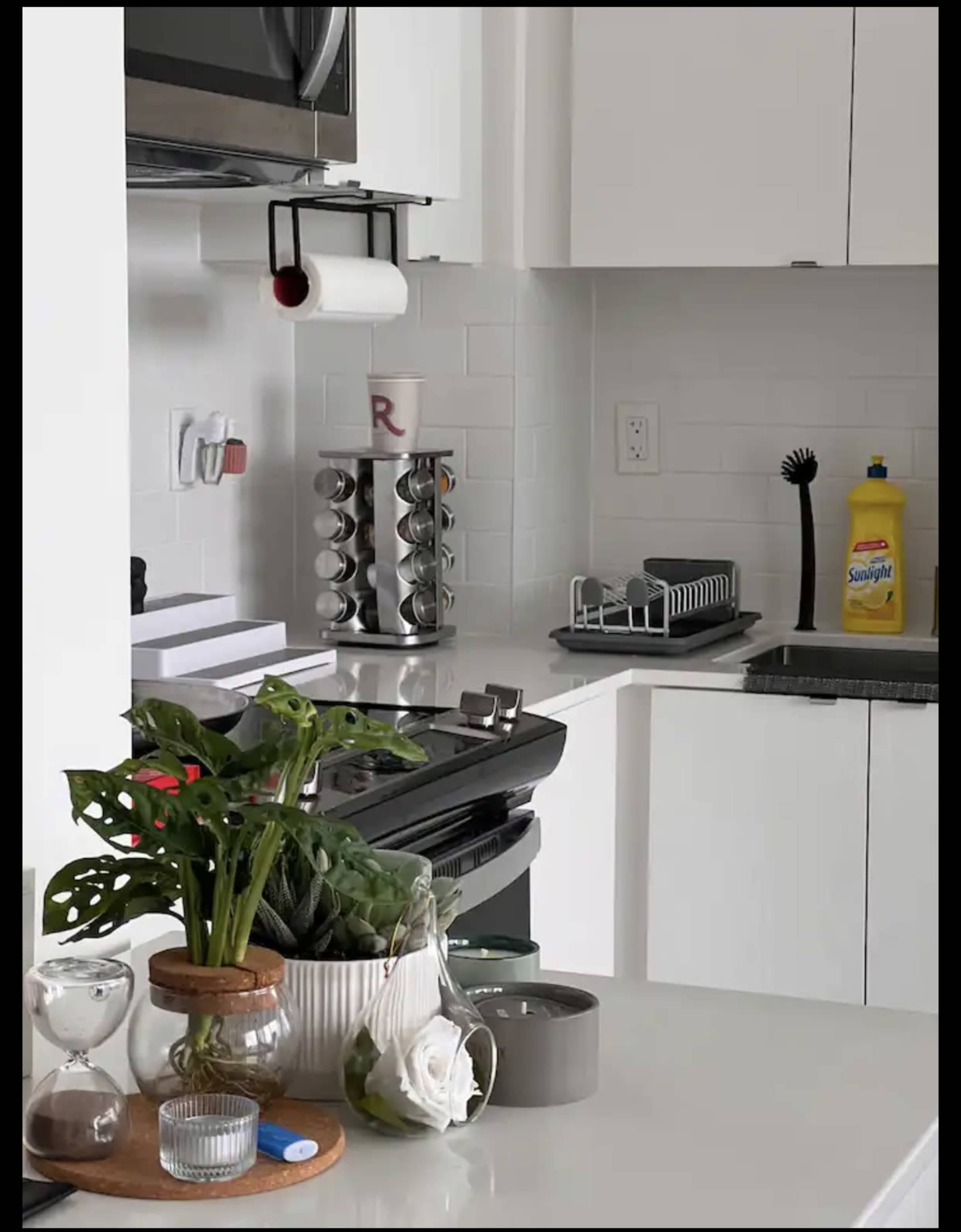 A modern kitchen setup with a black stove, white cabinetry, a spice rack, dish rack, and various plants on the countertop.