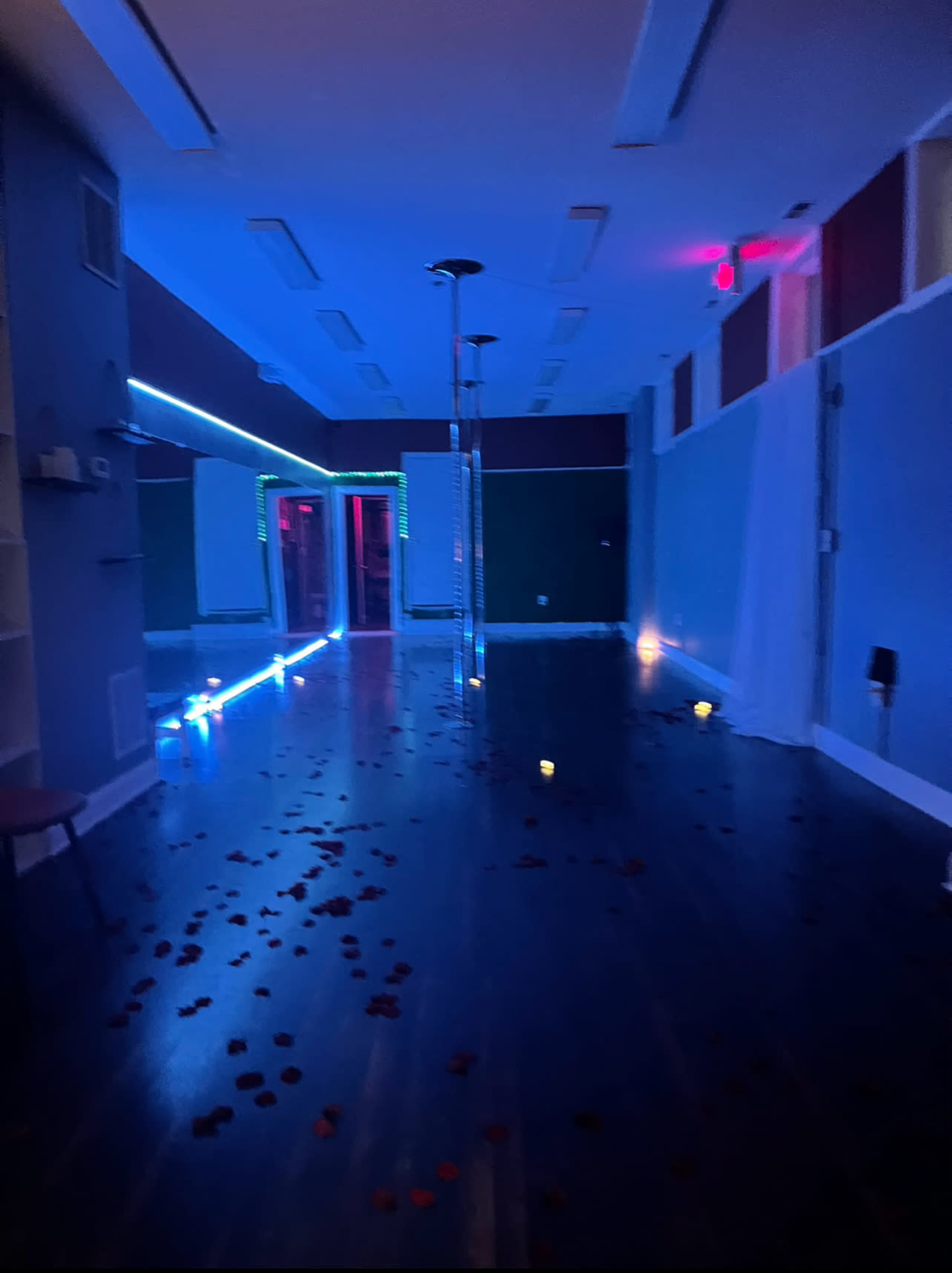 A dimly lit dance studio features a polished floor scattered with rose petals and illuminated by colorful LED lights.