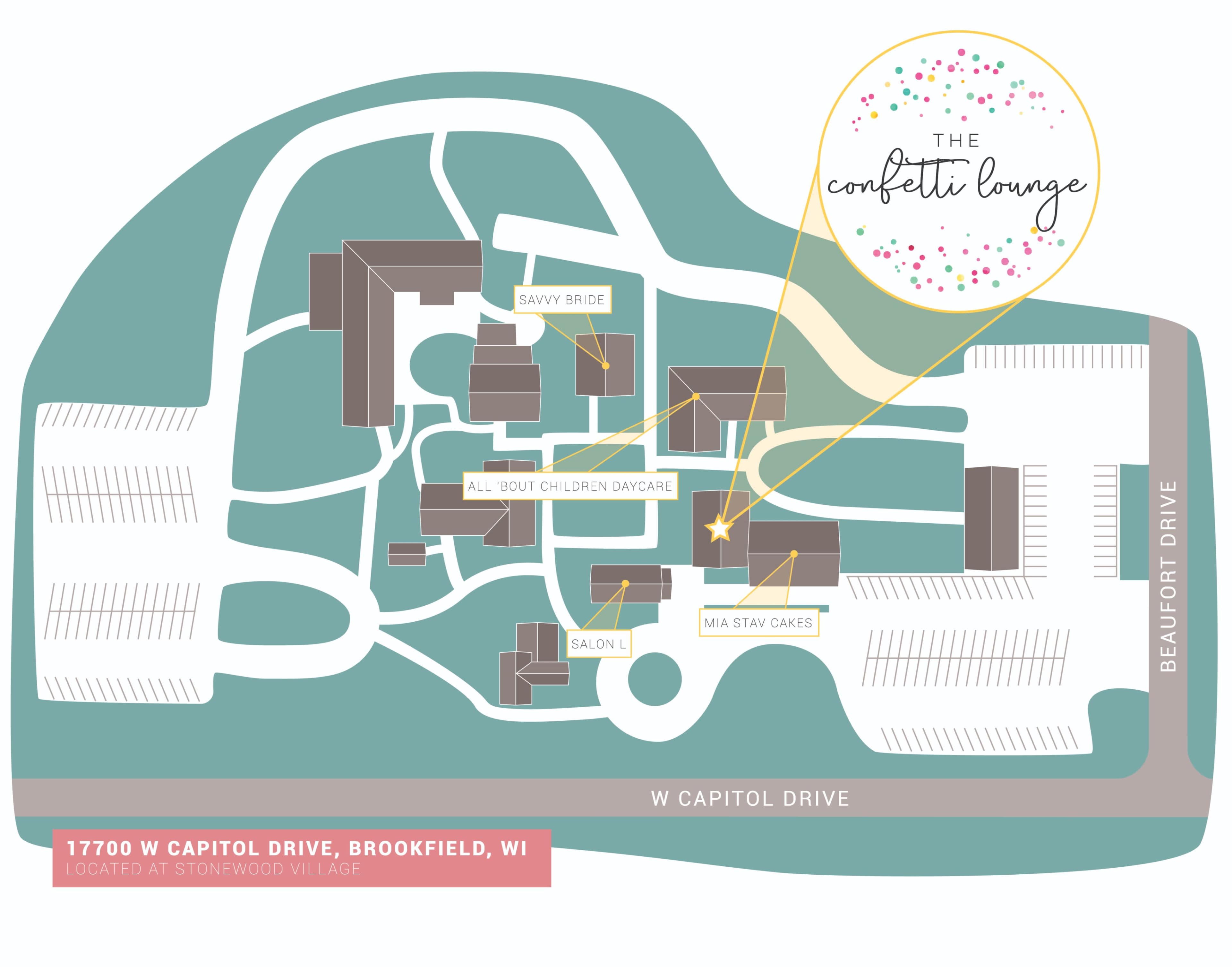 A map of a location in Brookfield, Wisconsin, highlighting various businesses and facilities, including Savvy Bride, All Bout Children Daycare, Salon L, and Mia Stays Cakes.