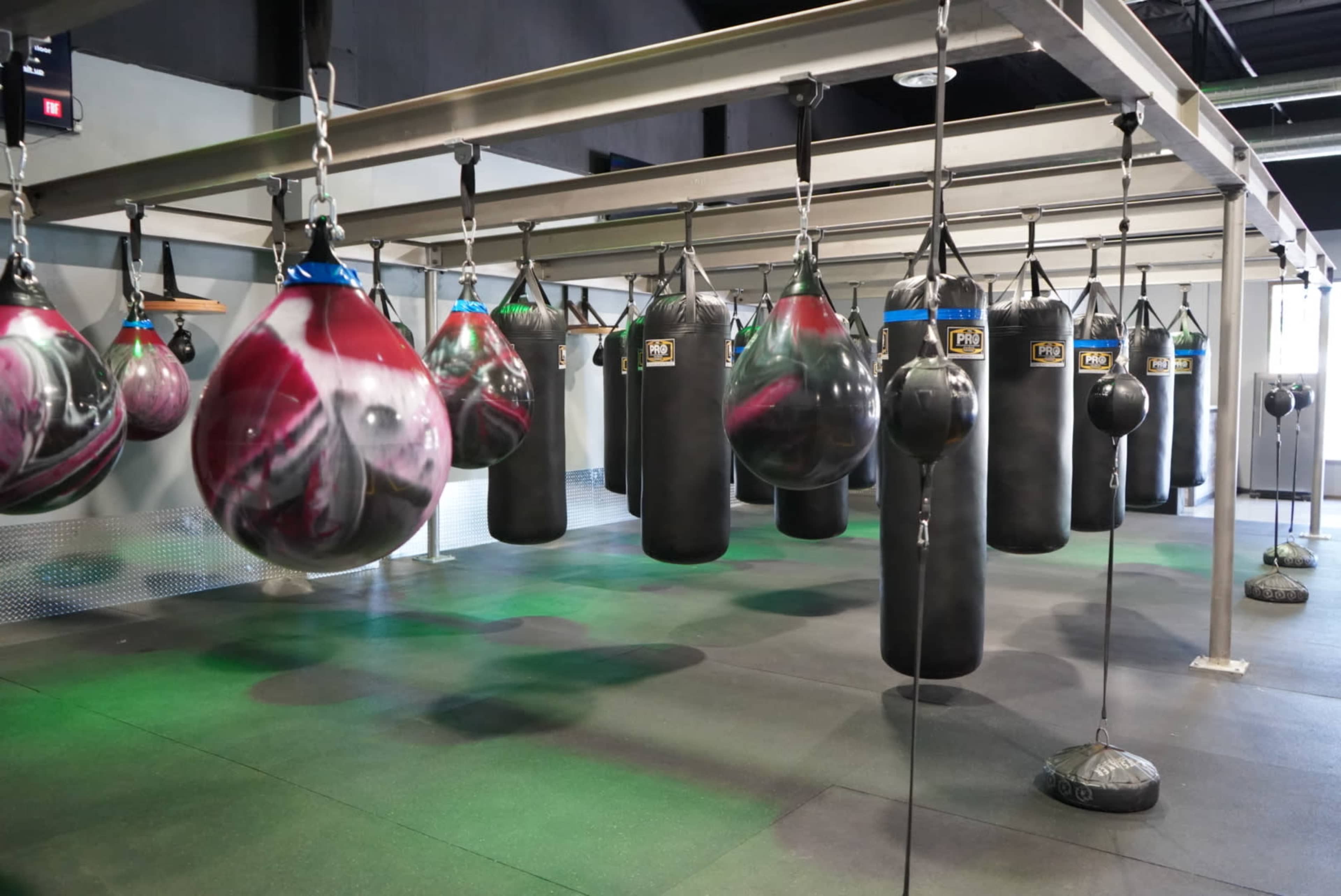A row of various punching bags hangs from a ceiling frame in a gym setting.