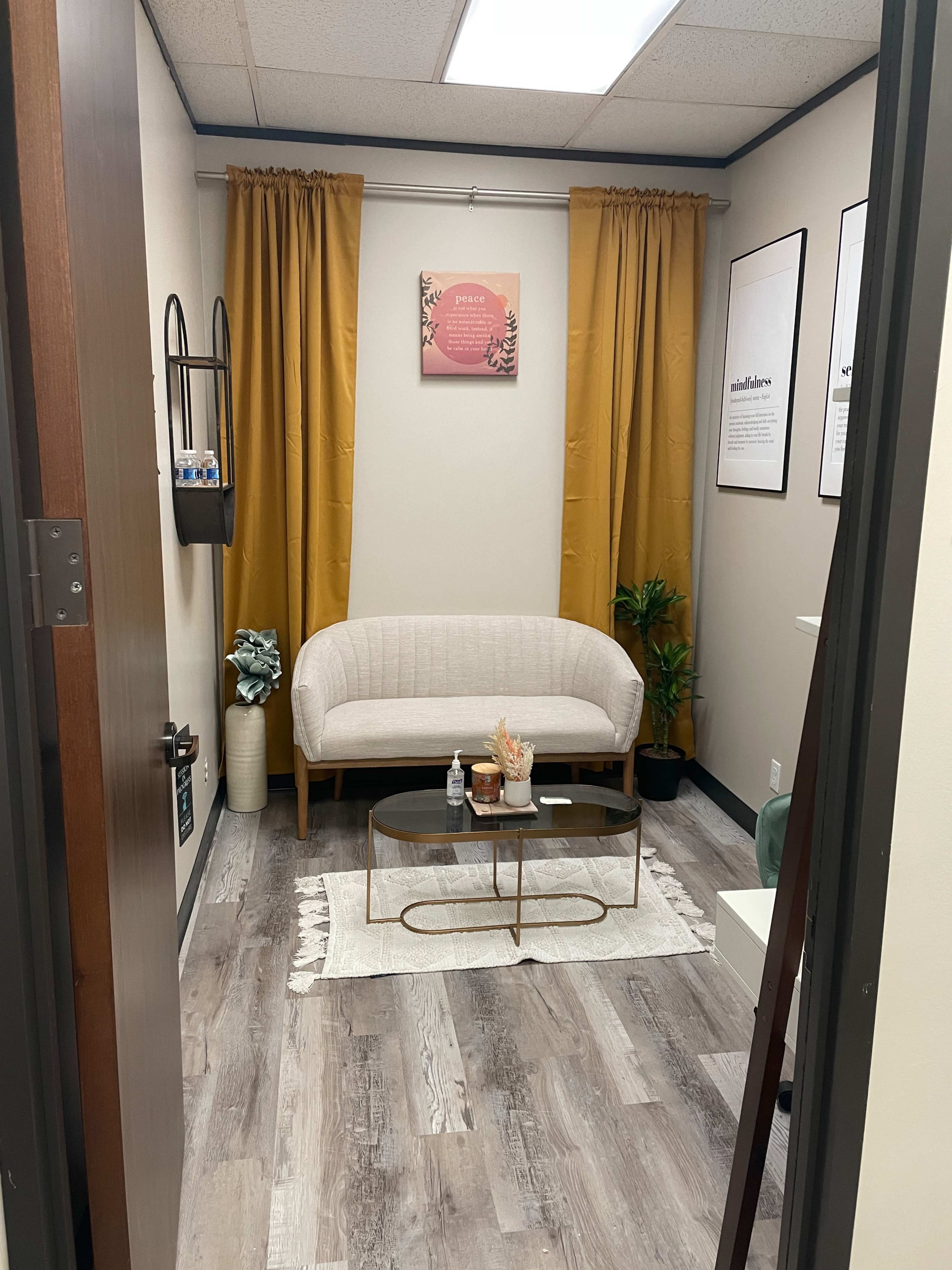 The image shows a small, neatly arranged room with a sofa, a coffee table, potted plant, and decorative curtains.
