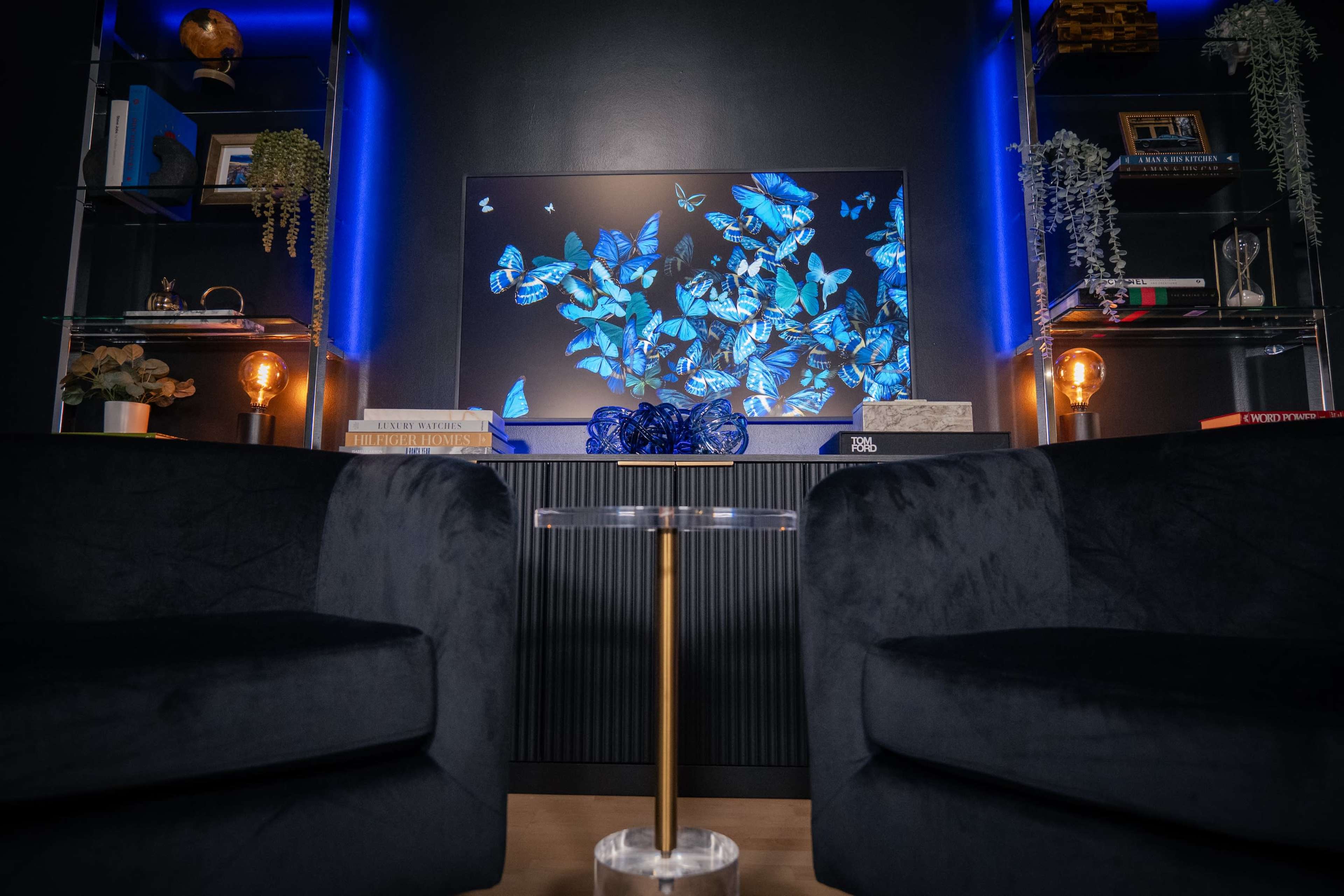 The image shows a modern living space featuring a TV displaying blue butterflies, flanked by stylish shelving units with decorative items, and two black armchairs positioned in the foreground.