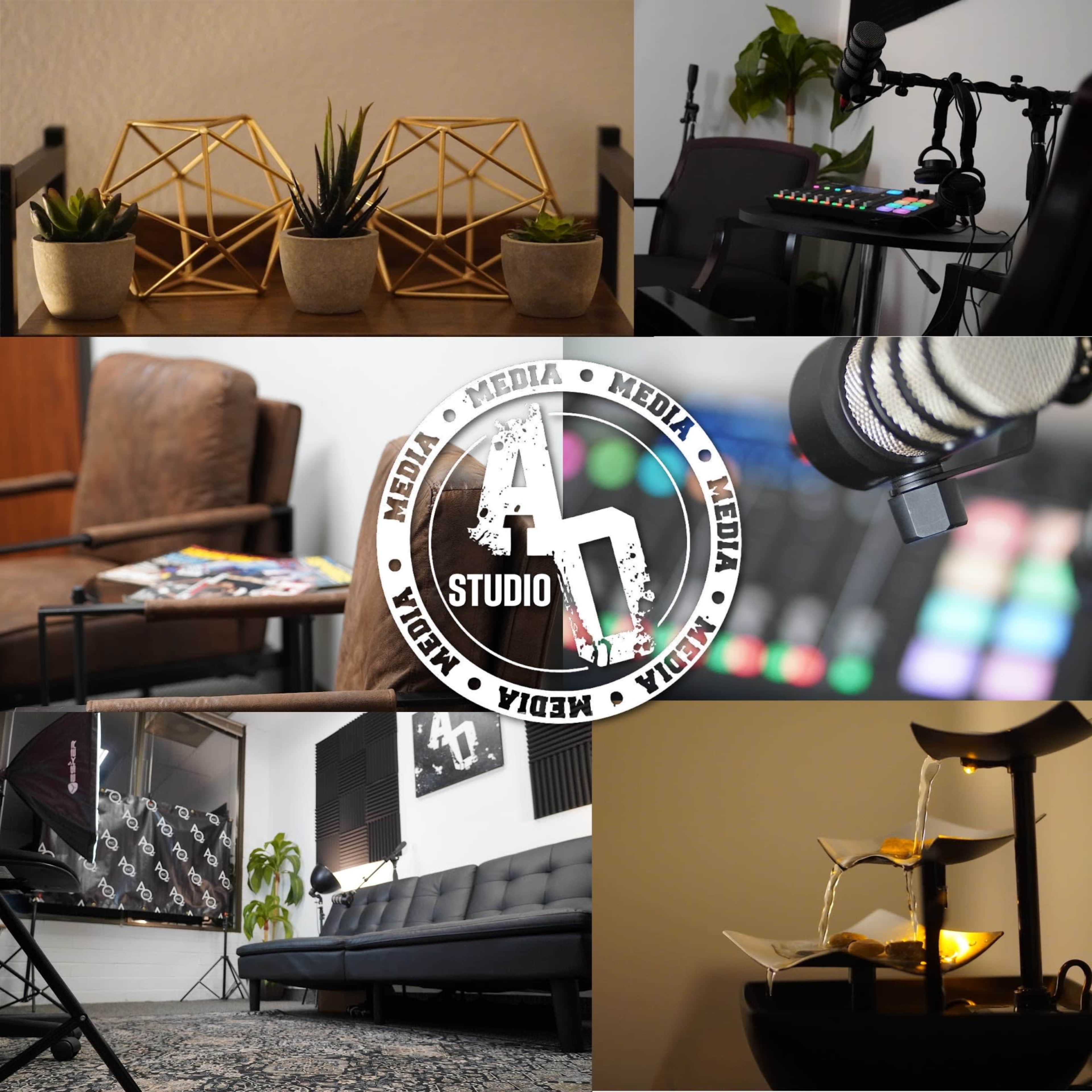 A media studio featuring various elements including plants in geometric pots, a microphone, a colorful control panel, furniture, and a creative lighting setup.