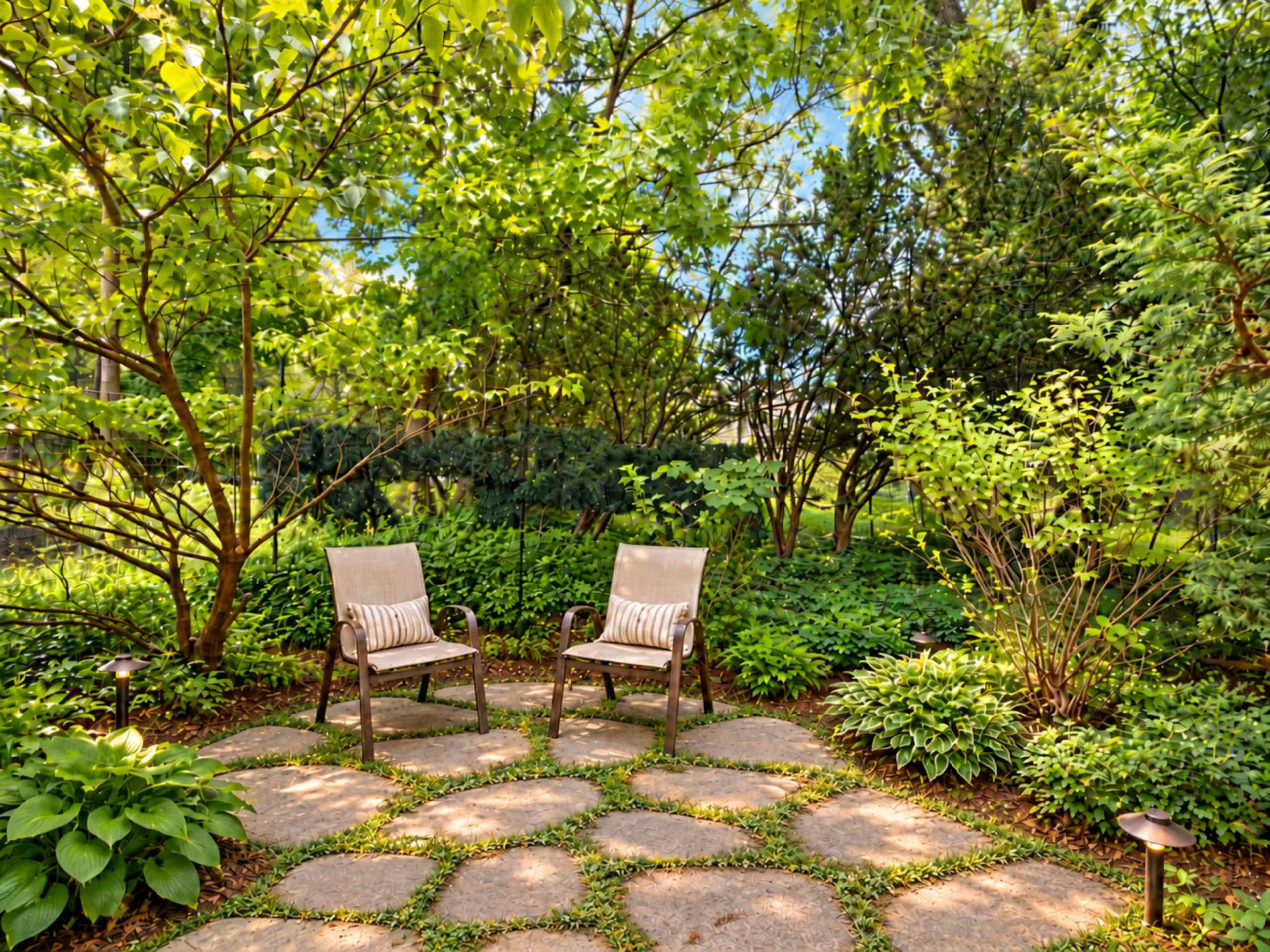 Two chairs are positioned on a stone patio surrounded by lush greenery and trees.
